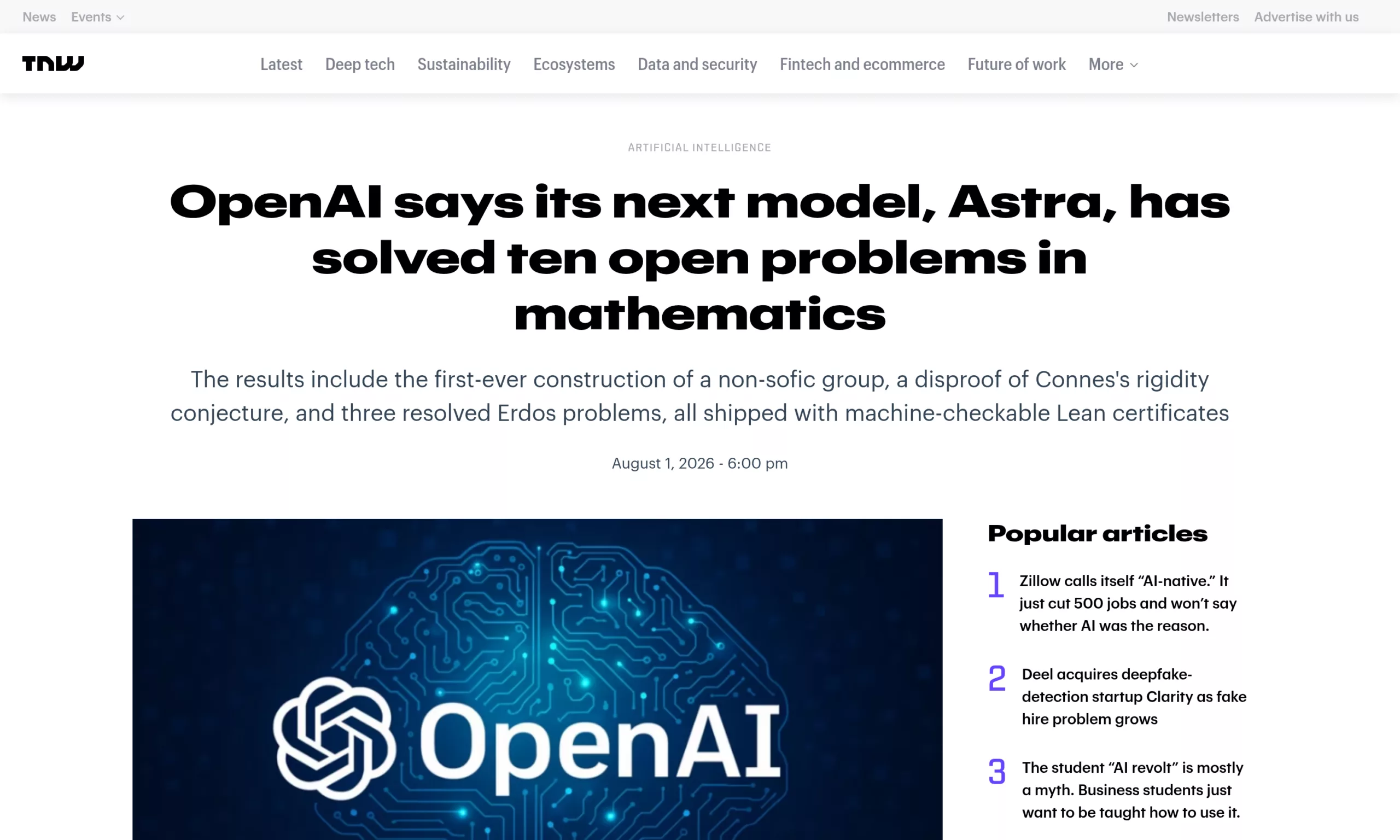 Article de The Next Web annonçant qu'Astra a résolu dix problèmes ouverts en mathématiques