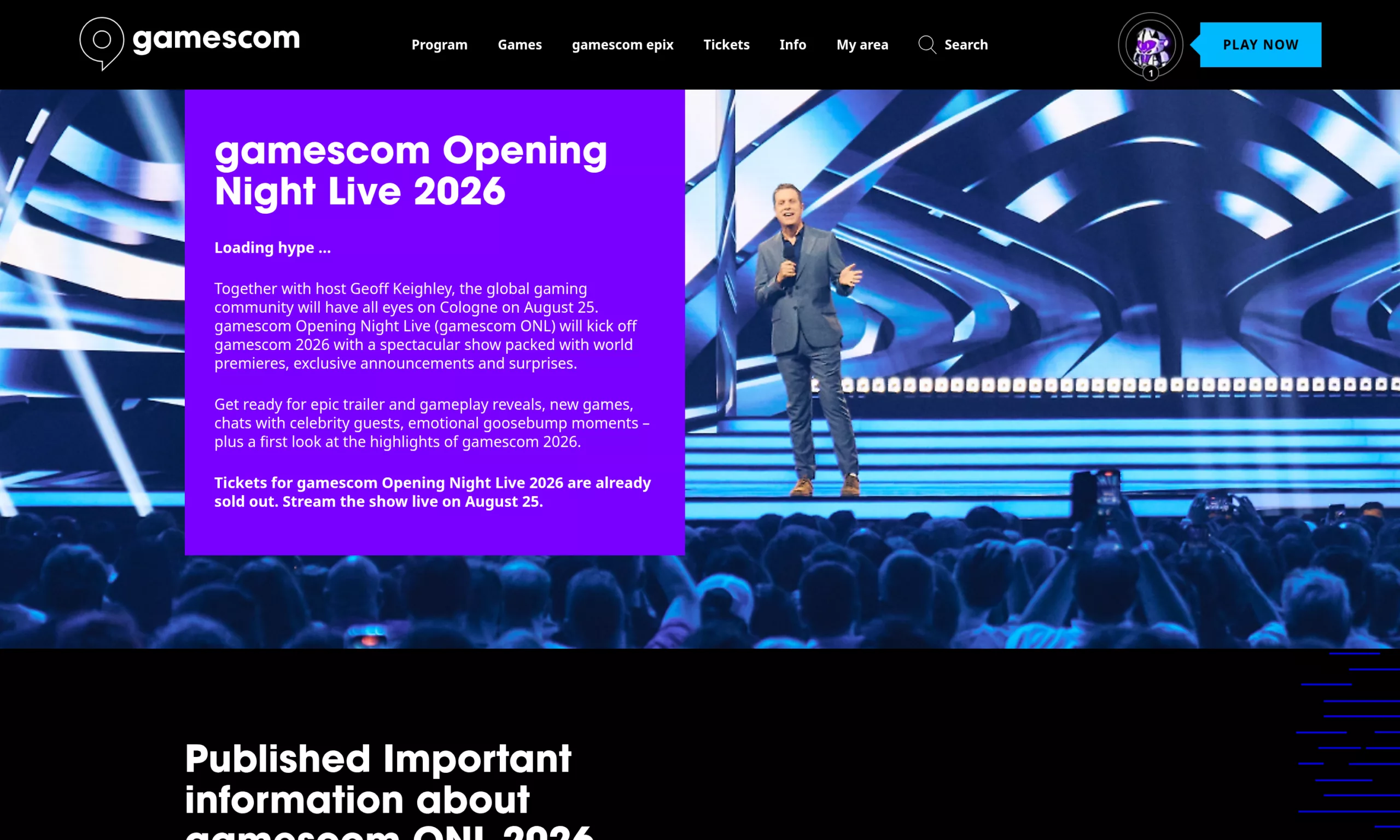 Page officielle du gamescom Opening Night Live 2026 avec Geoff Keighley sur scène