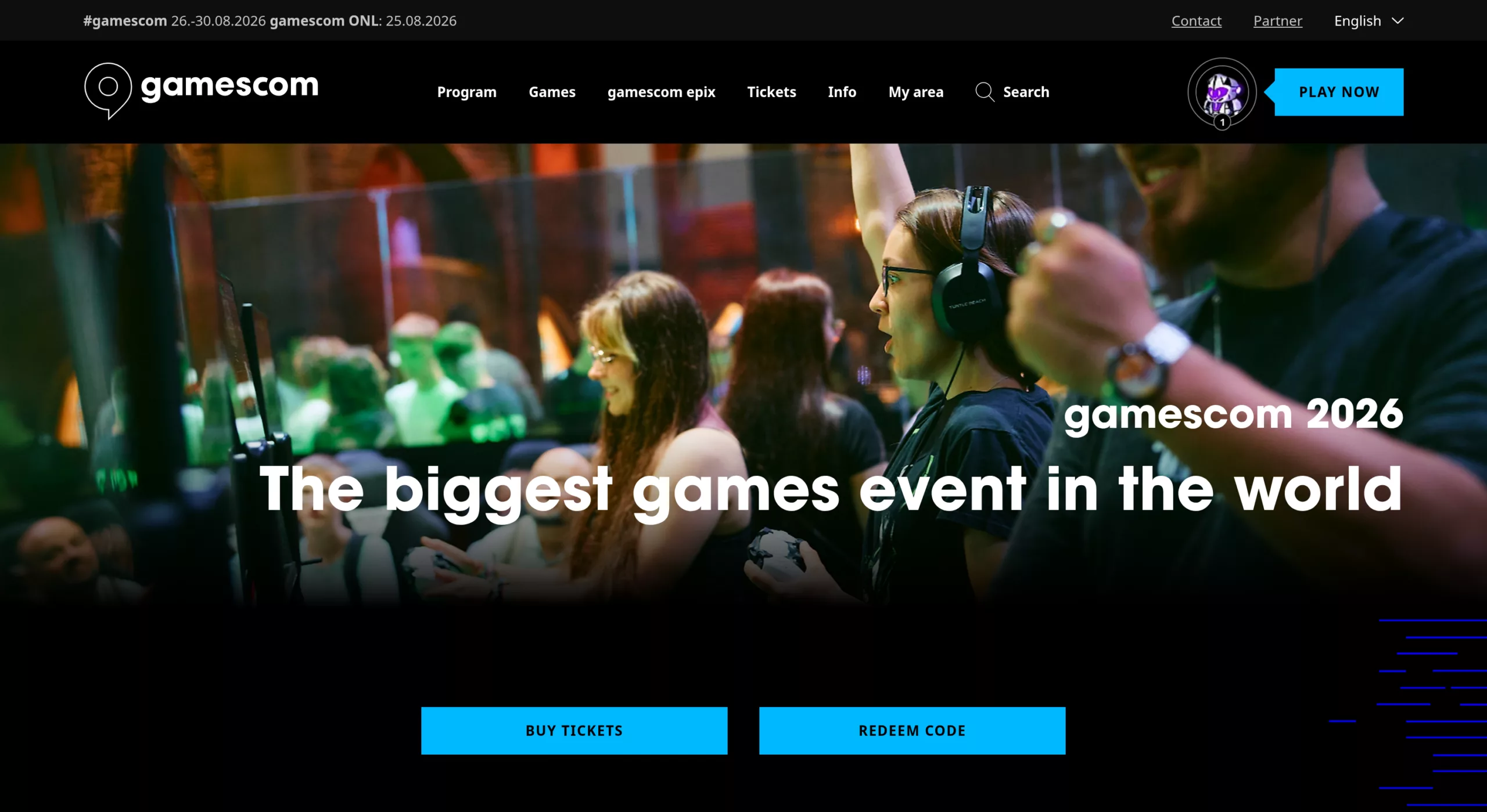 Page d'accueil officielle de gamescom.global affichant les dates 26 au 30 août 2026