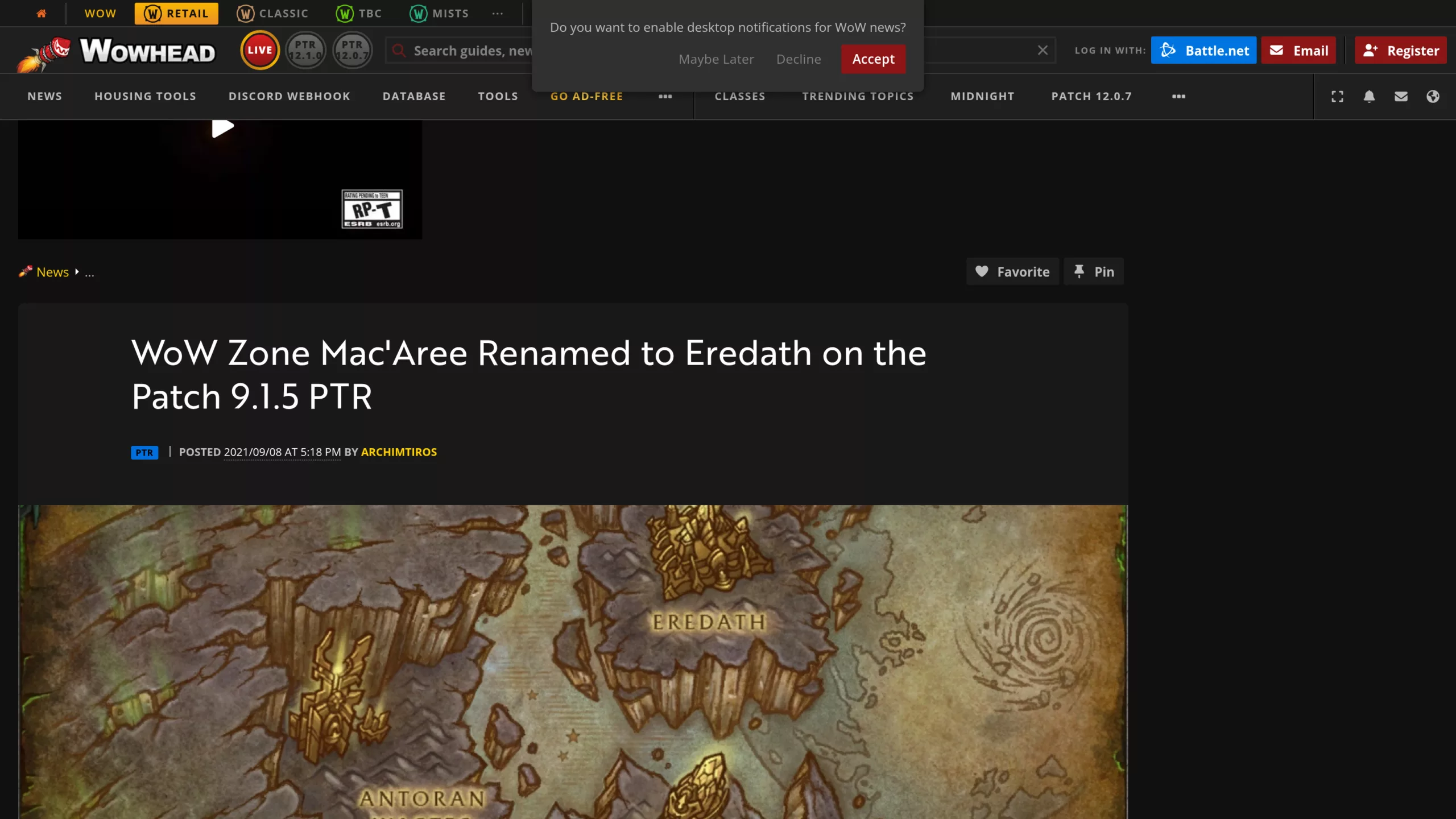 Article Wowhead du 8 septembre 2021 sur le renommage de la zone Mac'Aree en Eredath