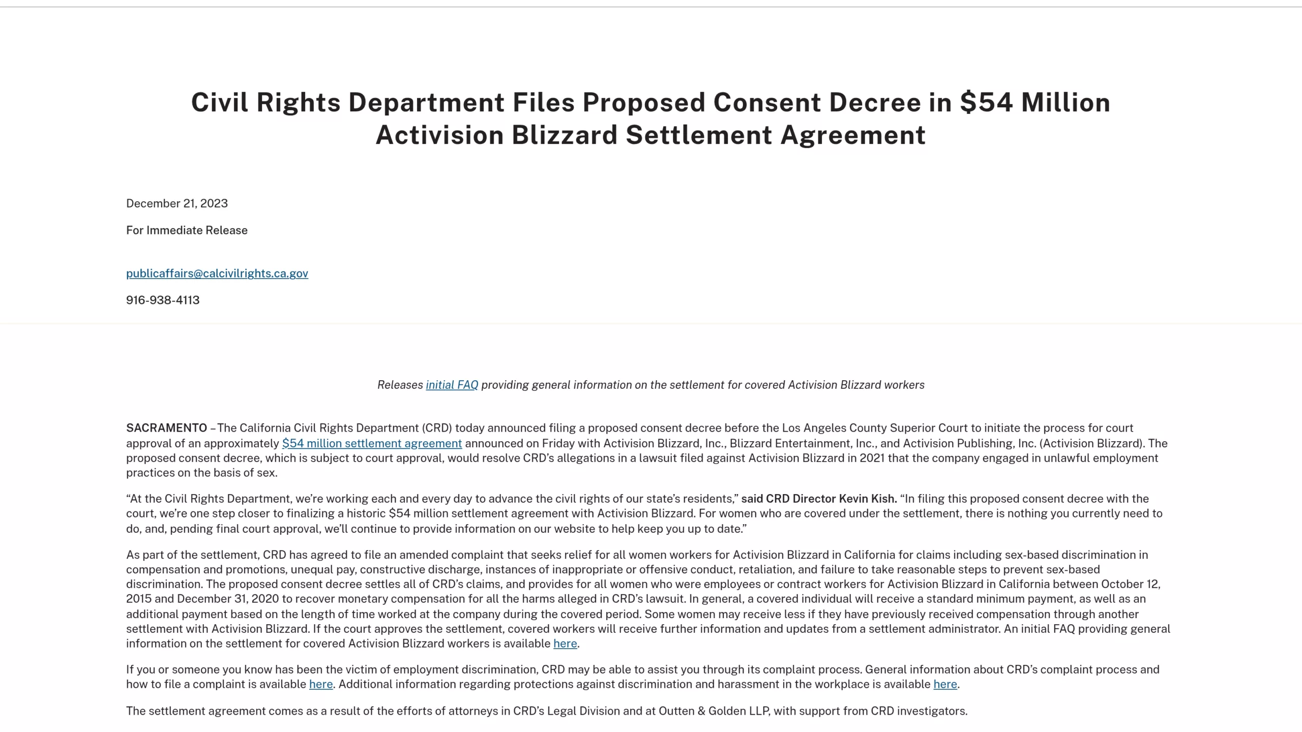 Communique officiel du CRD du 21 decembre 2023 sur le consent decree