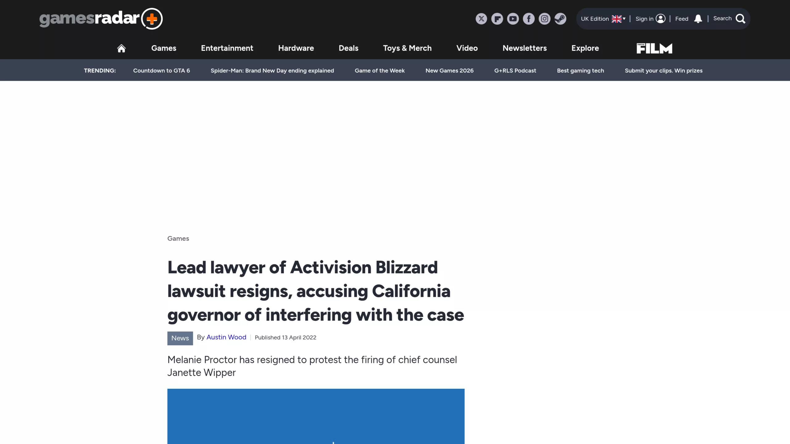 Article GamesRadar du 13 avril 2022 sur la demission de l'avocate en charge du dossier