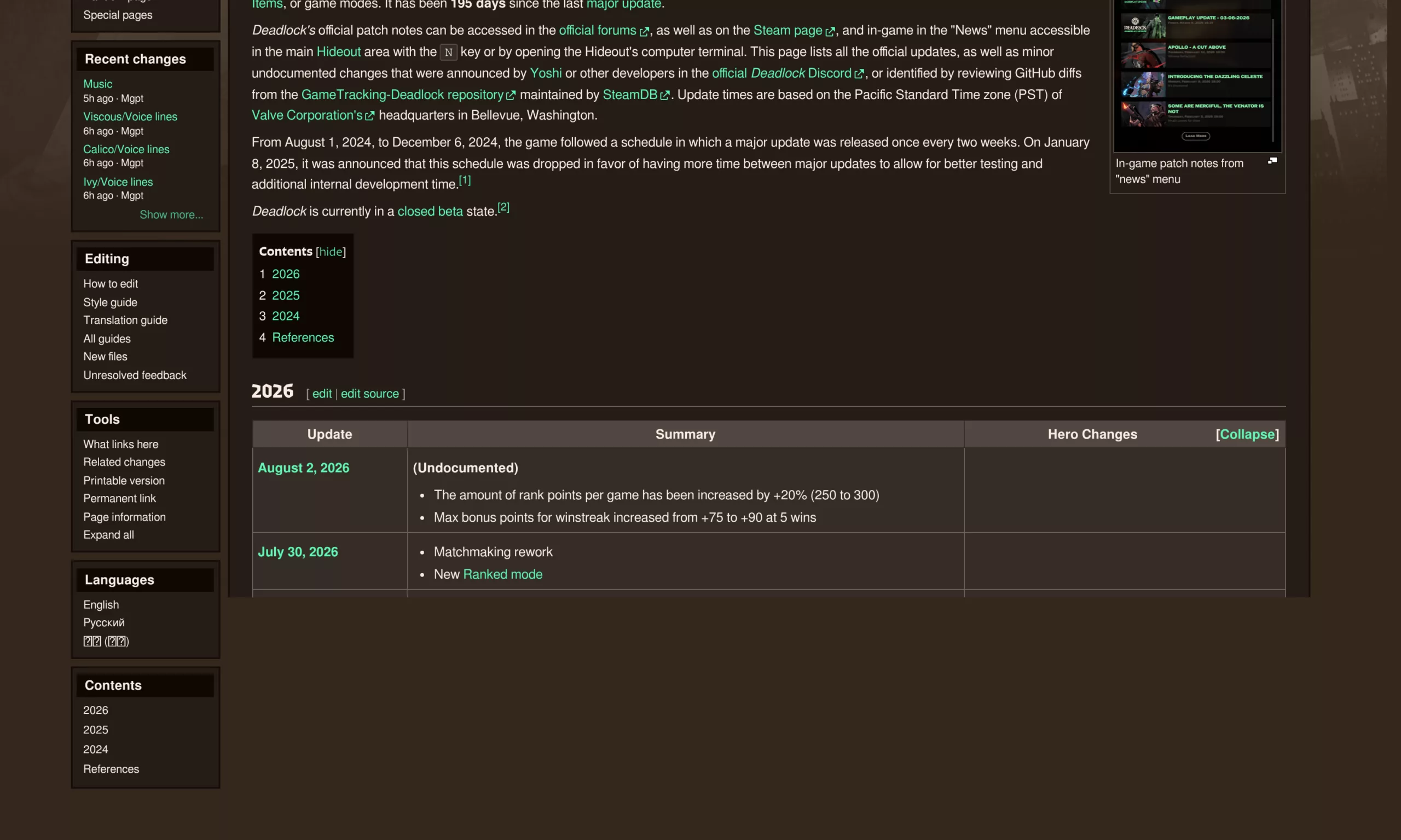 Tableau des mises à jour 2026 de Deadlock sur le wiki communautaire