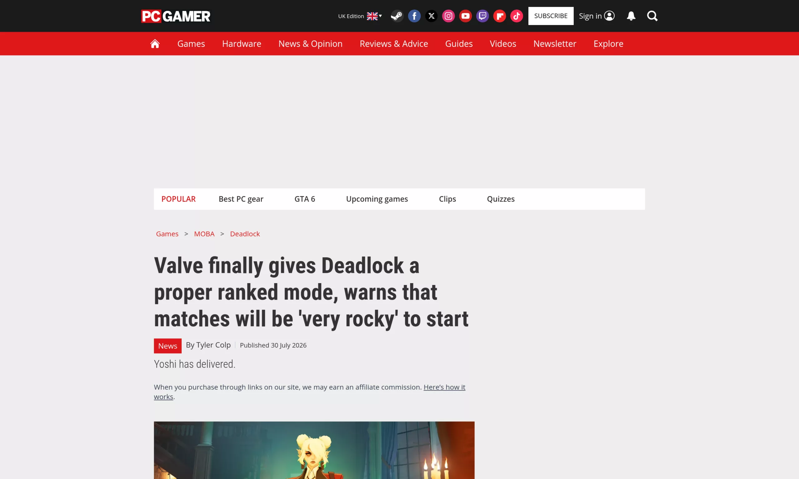 Article de PC Gamer sur le lancement du mode classé de Deadlock