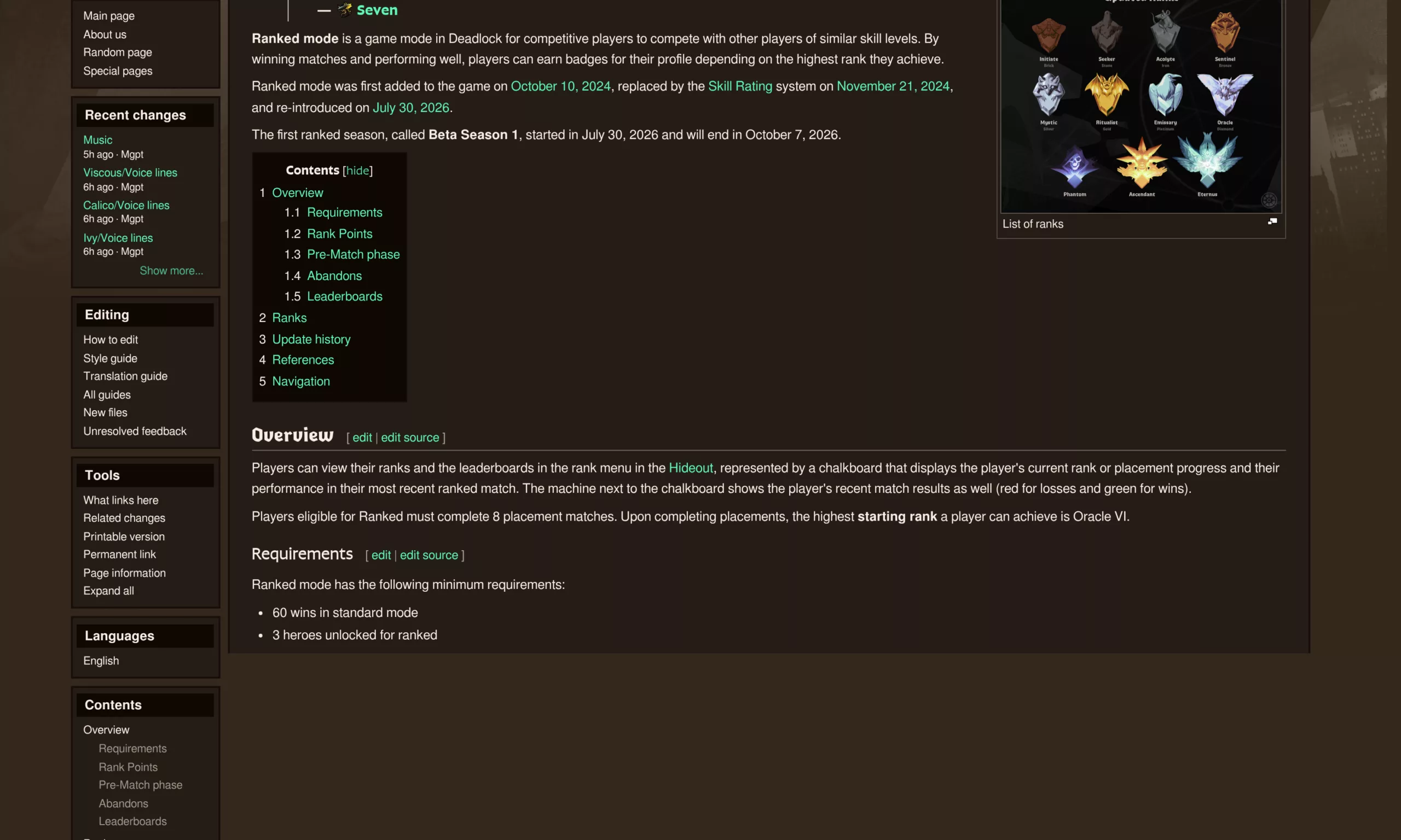 Page du wiki Deadlock listant les rangs et les conditions d'accès au mode classé
