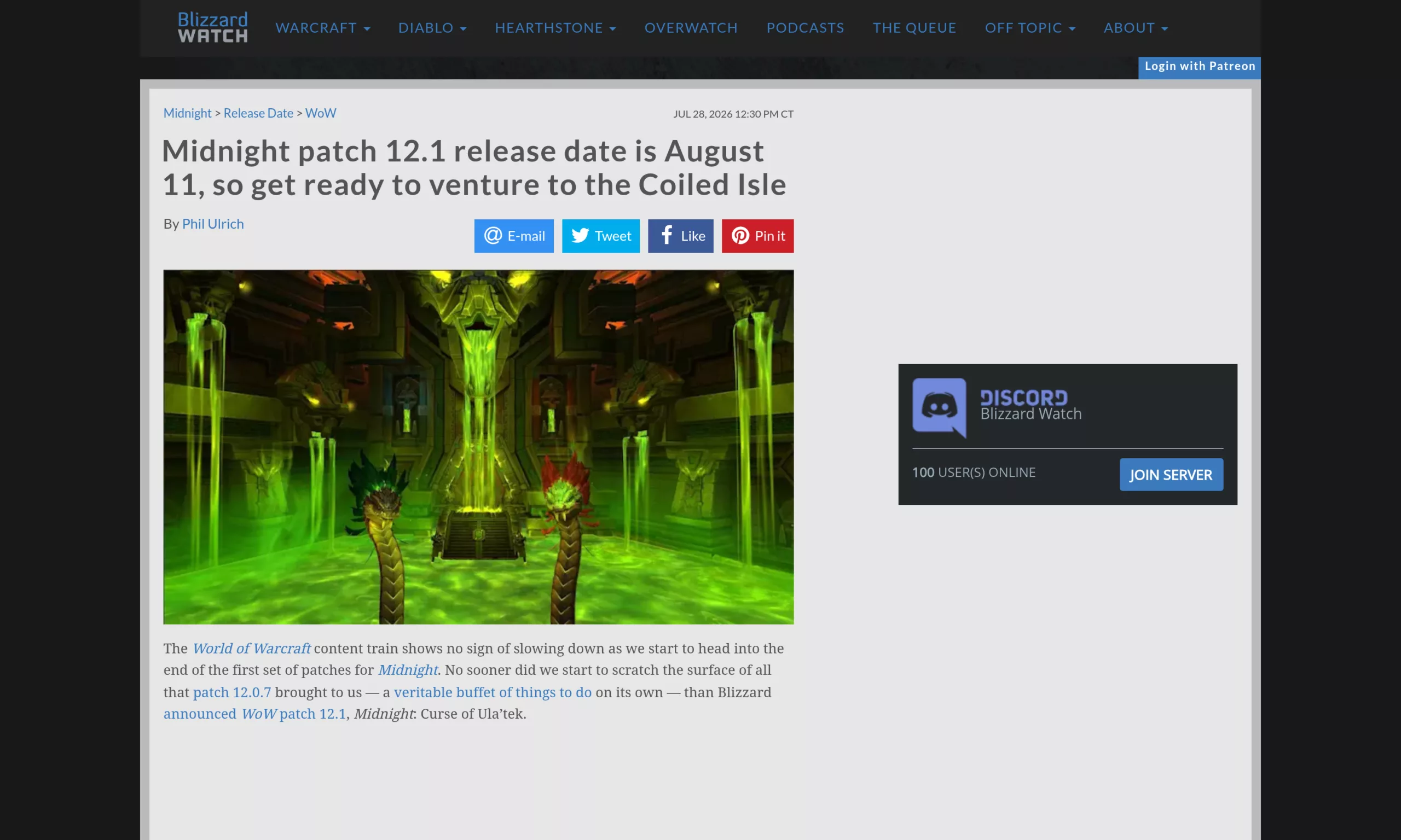 Article de Blizzard Watch annonçant la date du patch 12.1 de WoW Midnight