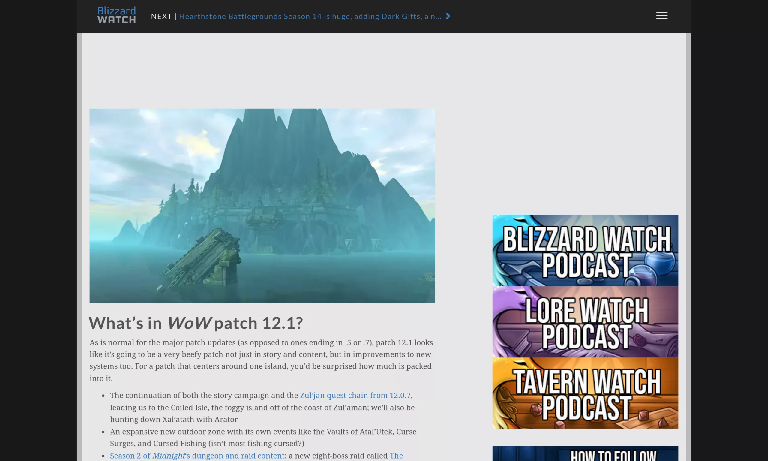 Détail du contenu du patch 12.1 sur Blizzard Watch, avec l'Île Lovée