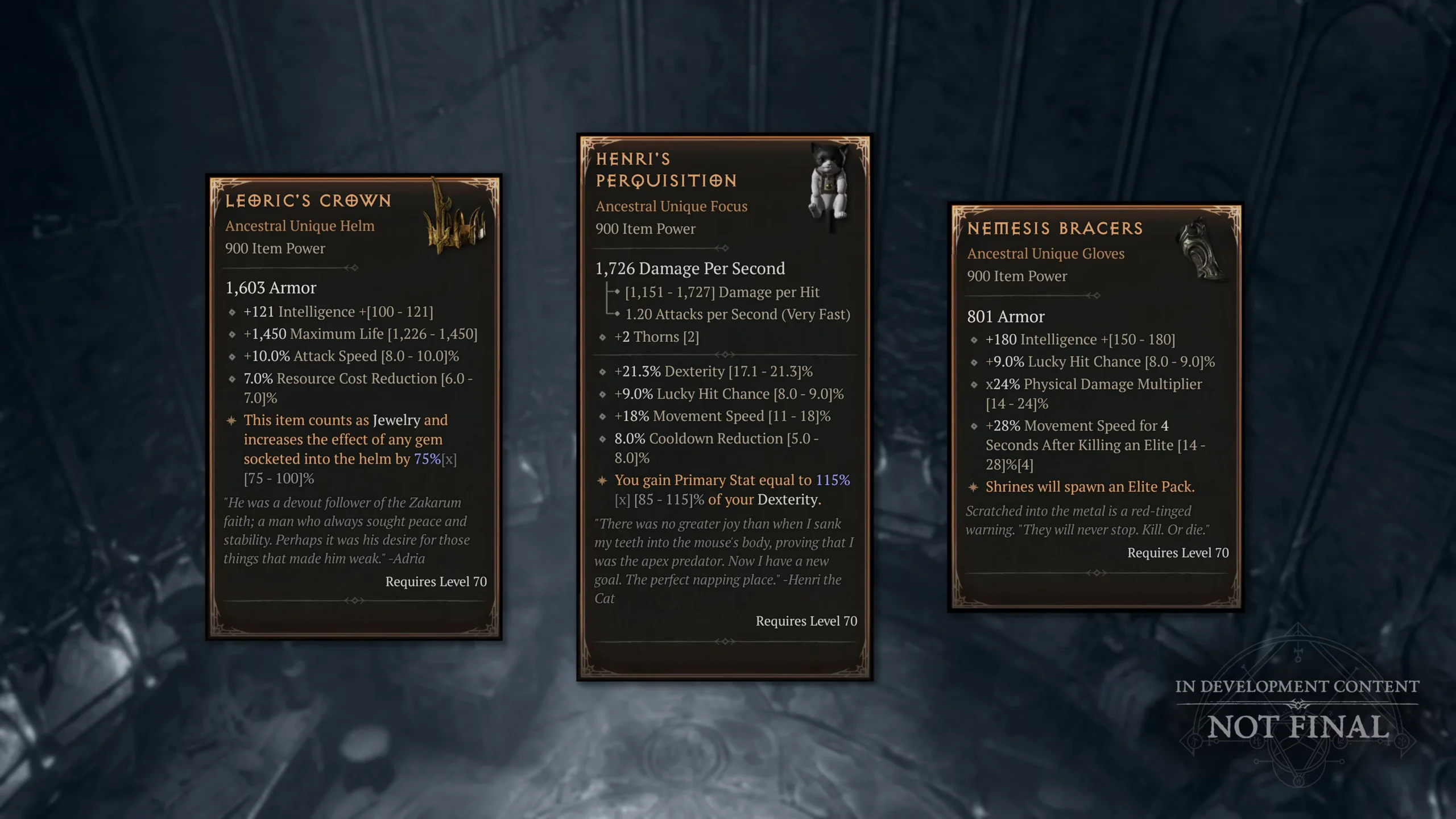 Cartes d'objet officielles de Leoric's Crown, Henri's Perquisition et Nemesis Bracers dans Diablo 4