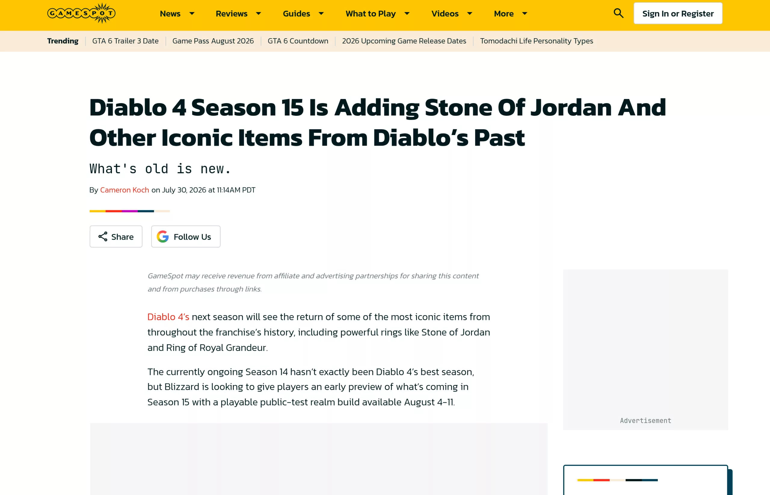 GameSpot article from July 30, 2026 announcing the return of the Stone of Jordan in Season 15