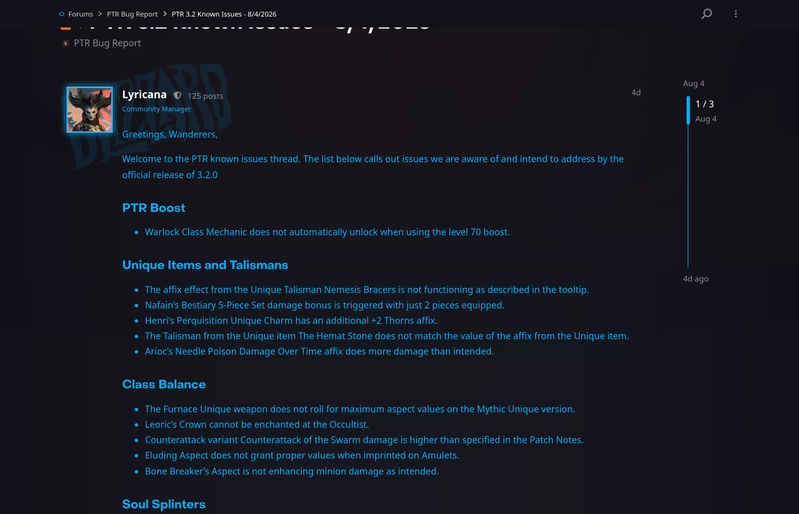 Forums officiels Blizzard, fil PTR 3.2 Known Issues du 4 aout 2026 par la Community Manager Lyricana