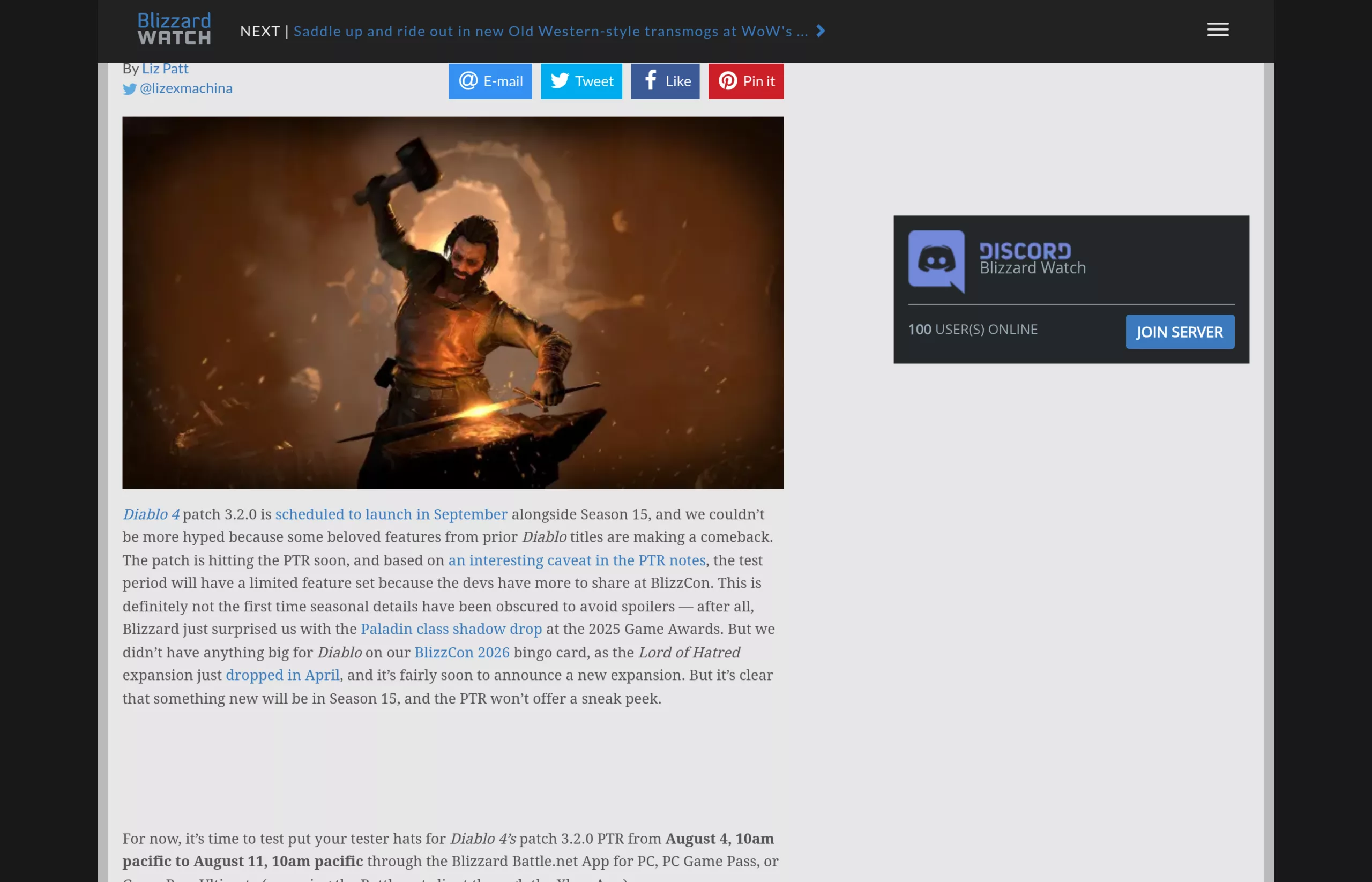Blizzard Watch, article du 30 juillet 2026 confirmant la fenetre PTR 3.2.0 du 4 au 11 aout