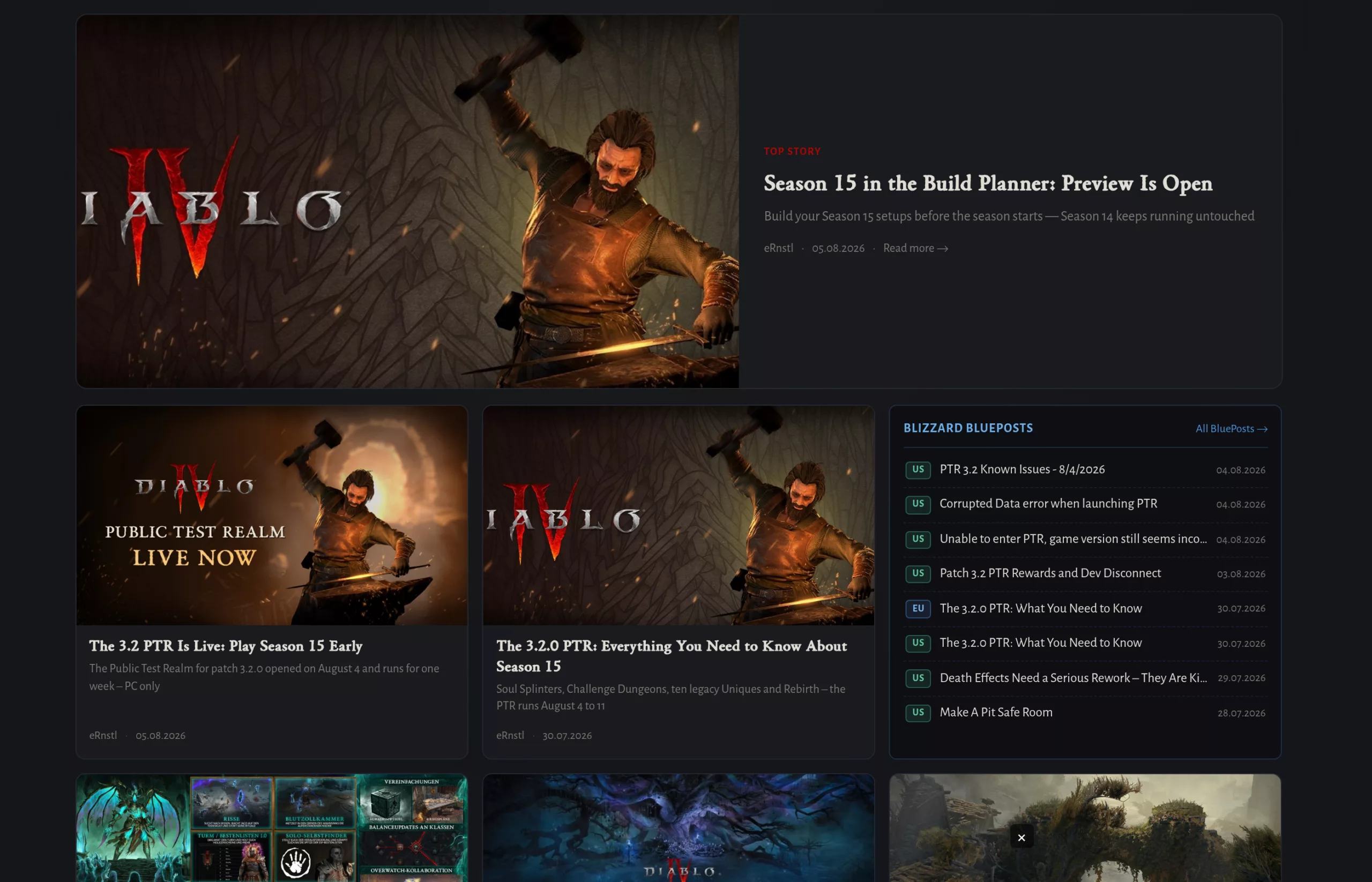 d4guides.gg, page d actualites listant les fils officiels Blizzard sur le PTR 3.2.0
