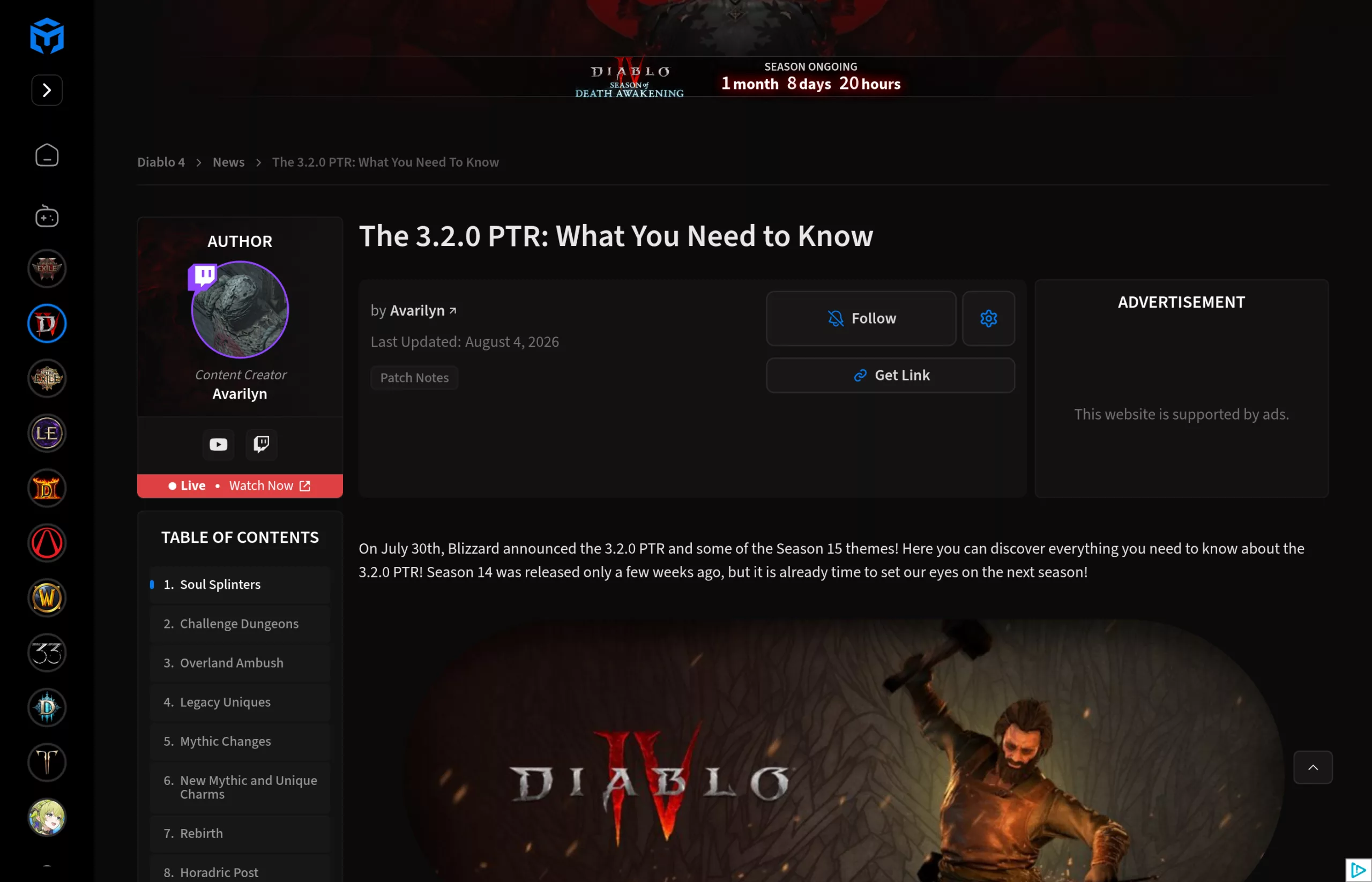 Maxroll, recapitulatif du PTR 3.2.0 Diablo 4, mis a jour le 4 aout 2026