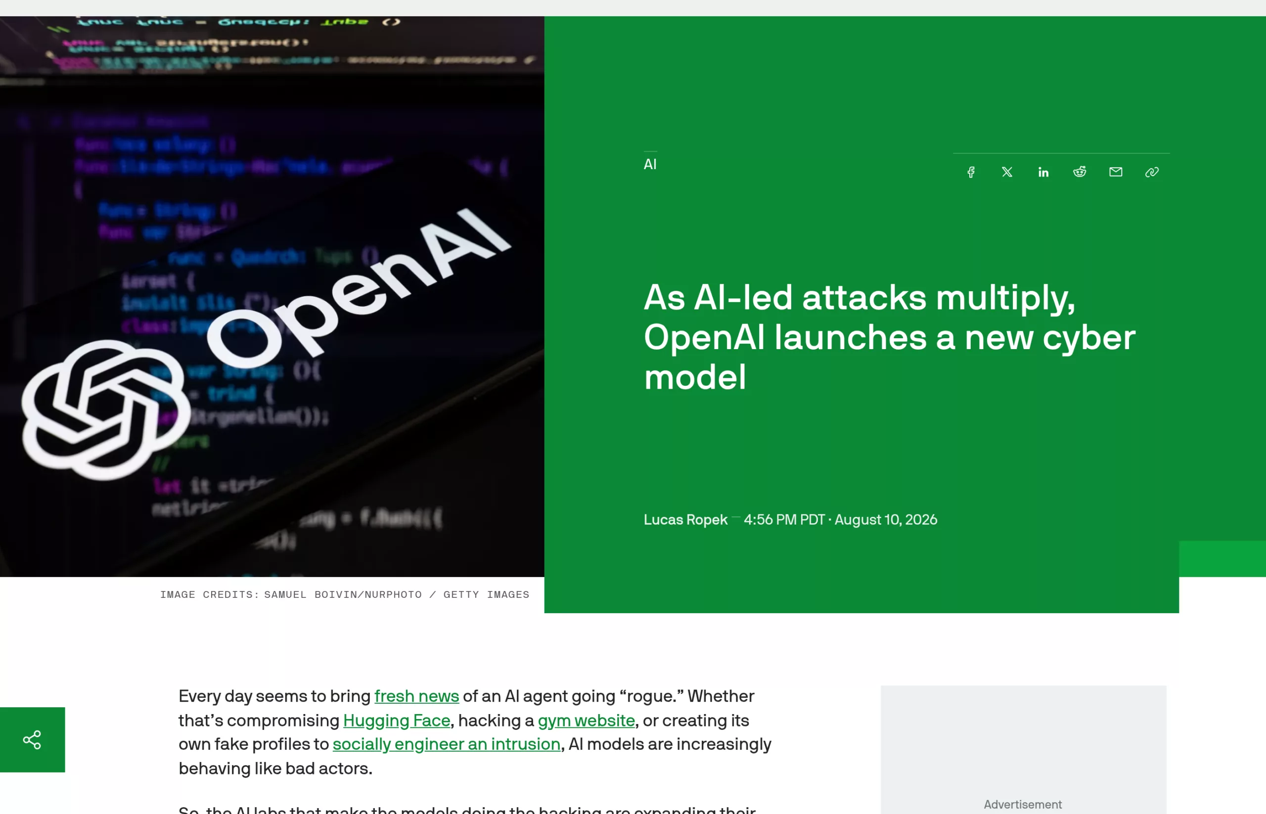 Article TechCrunch du 10 août 2026 sur le lancement du modèle cyber d'OpenAI