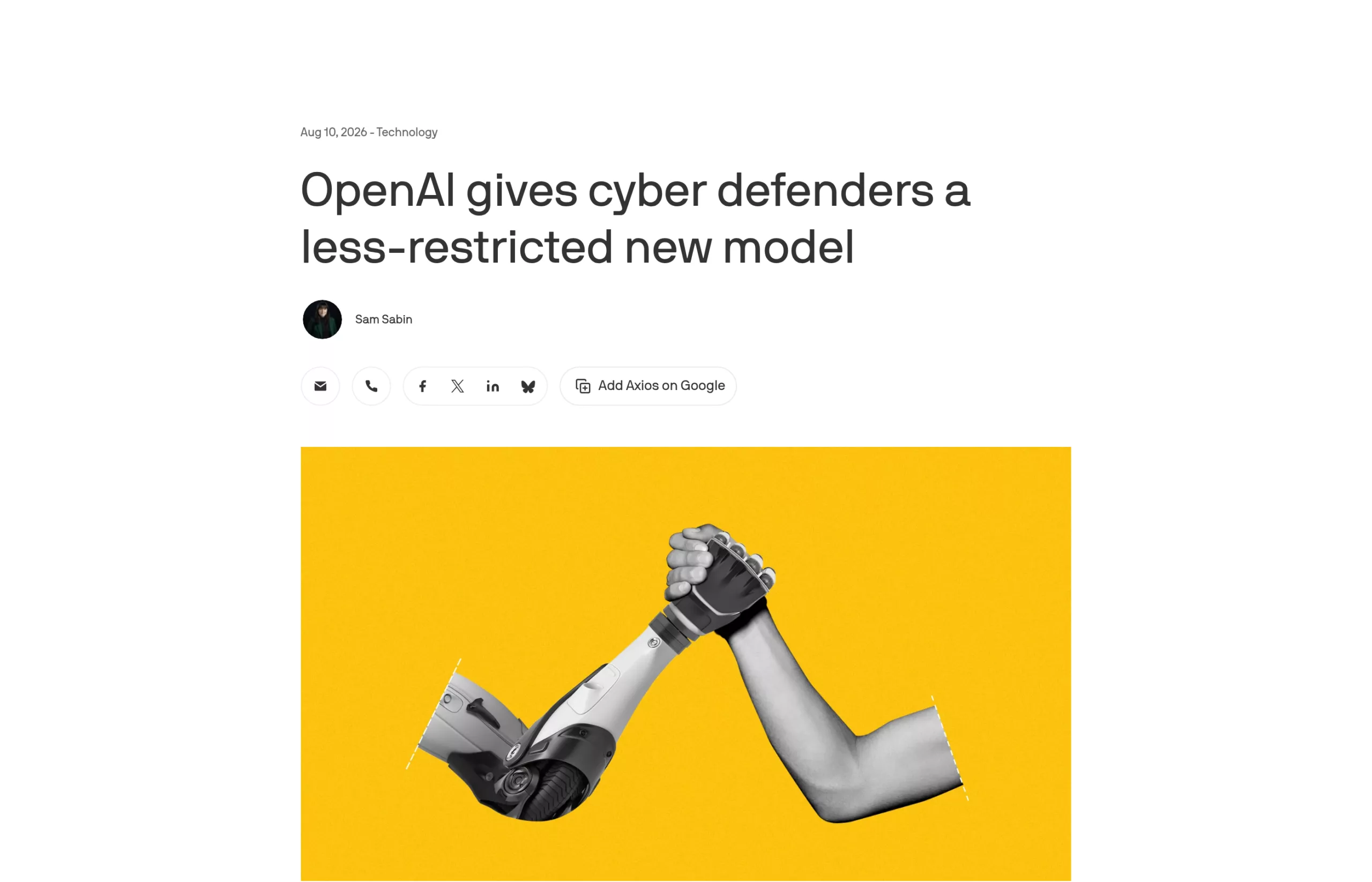 Article Axios du 10 août 2026 sur le modèle moins restreint proposé aux défenseurs