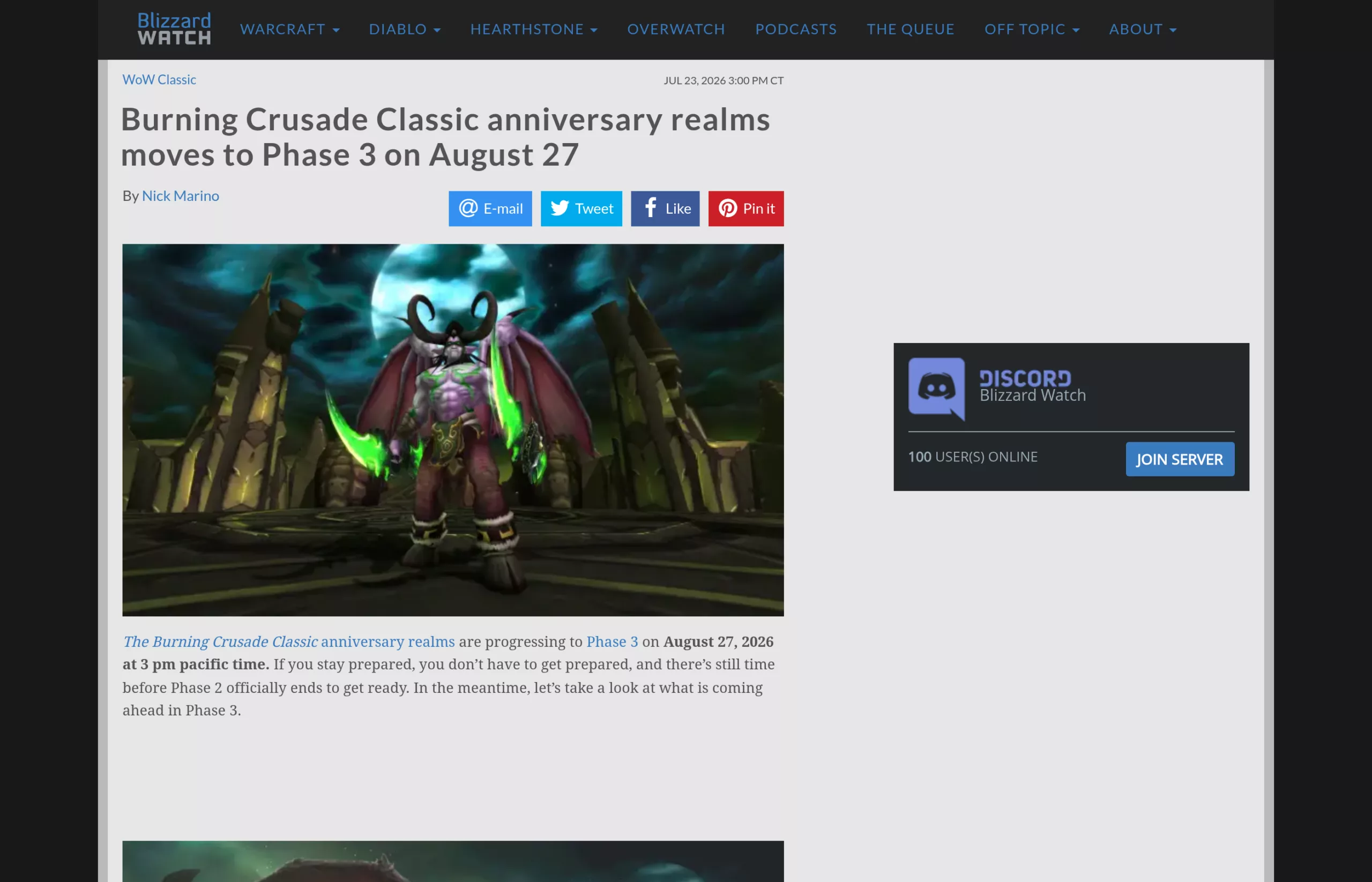 Blizzard Watch annonce la Phase 3 des royaumes Anniversaire TBC pour le 27 août