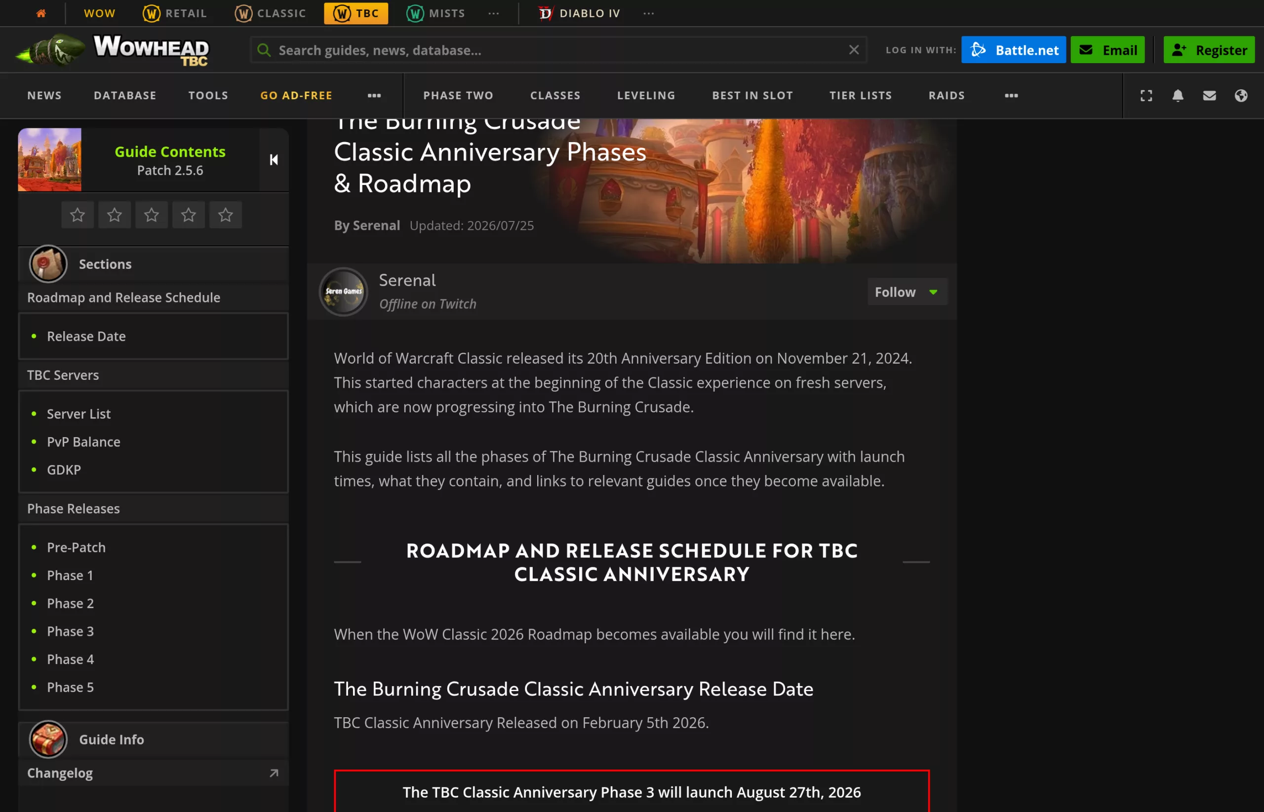La feuille de route des phases de TBC Classic Anniversary sur Wowhead