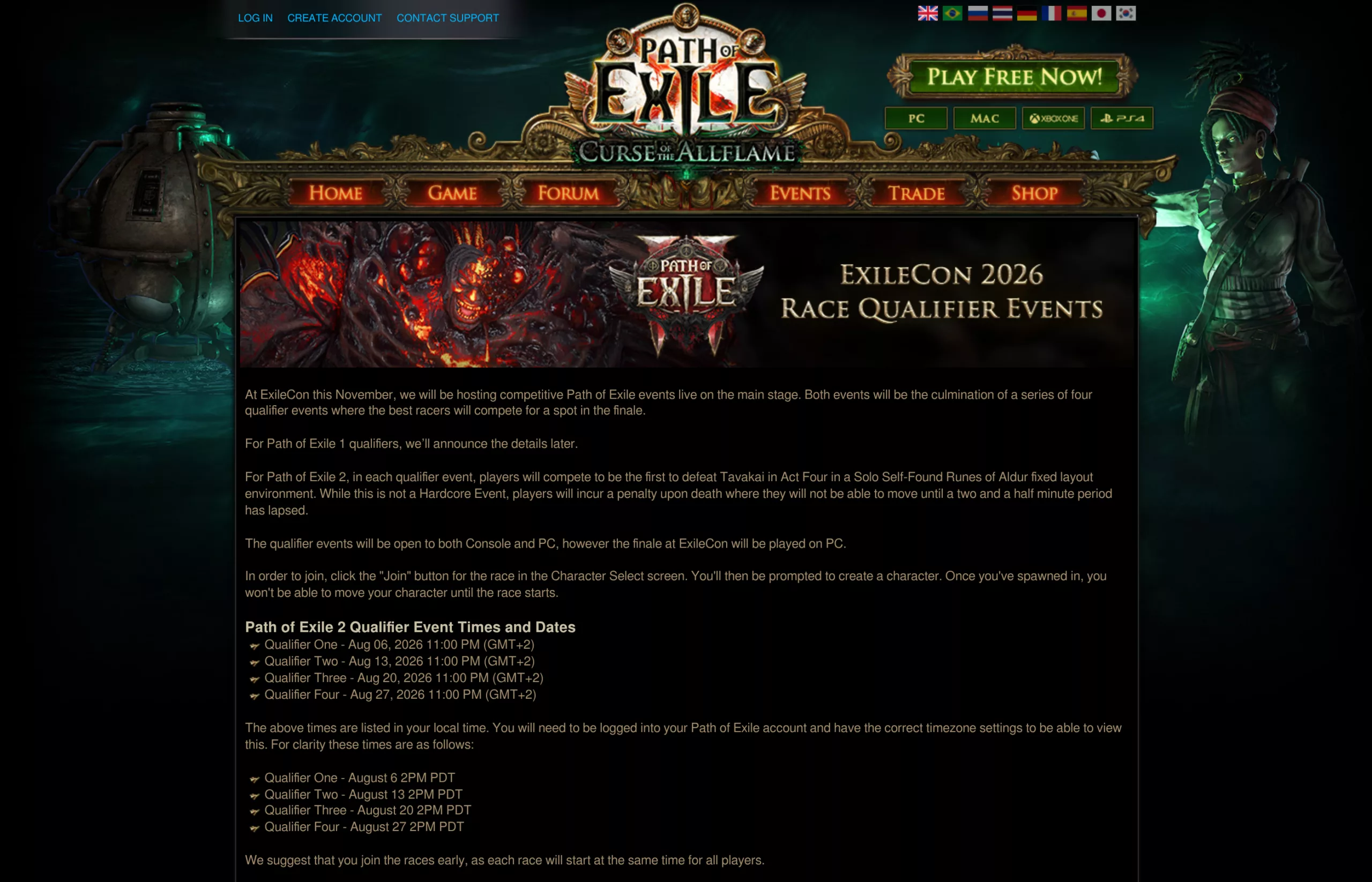 L'annonce officielle des qualifications ExileCon 2026 sur le forum de Path of Exile