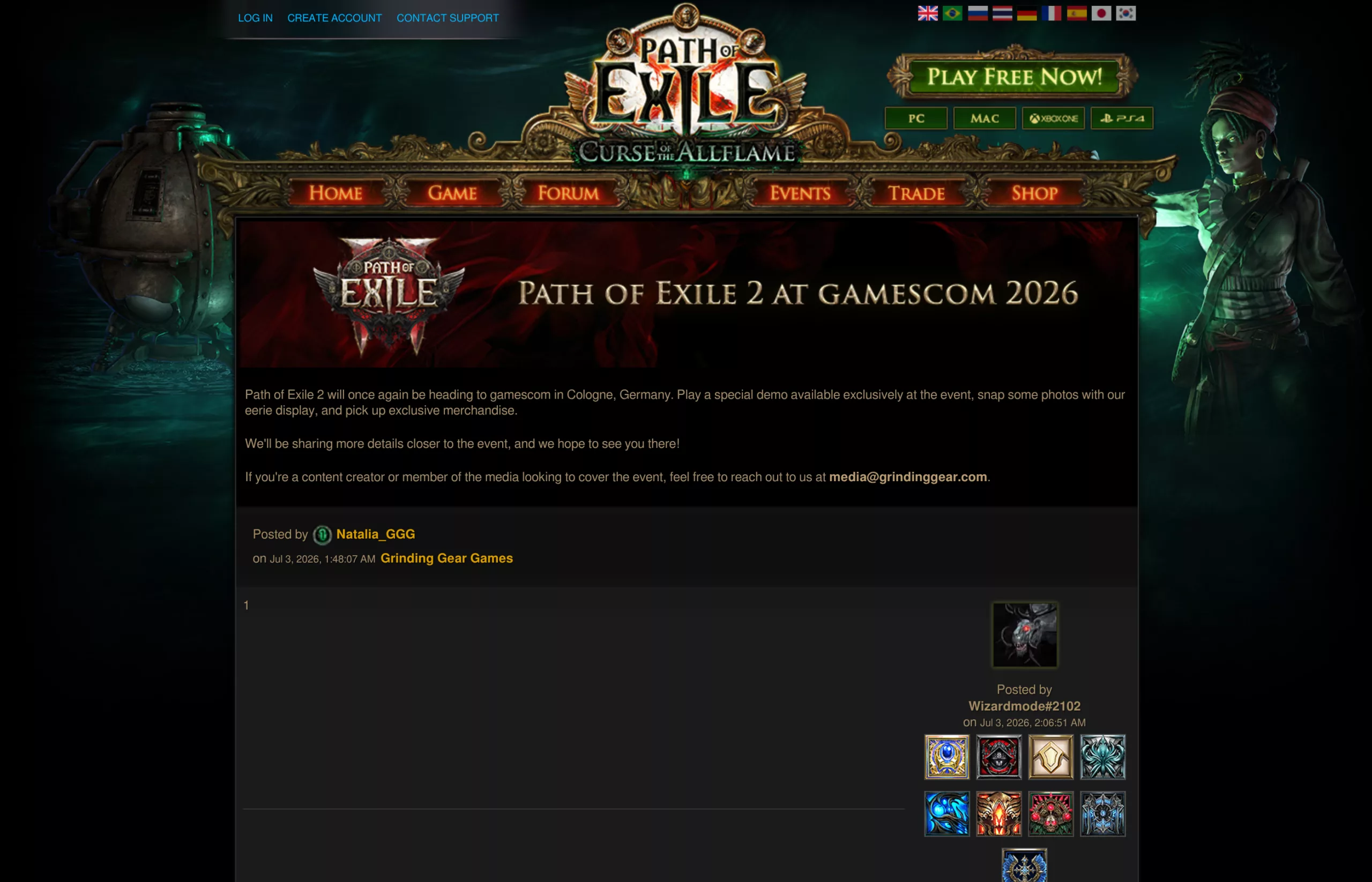 Le message officiel de GGG annonçant la présence de Path of Exile 2 à la gamescom 2026