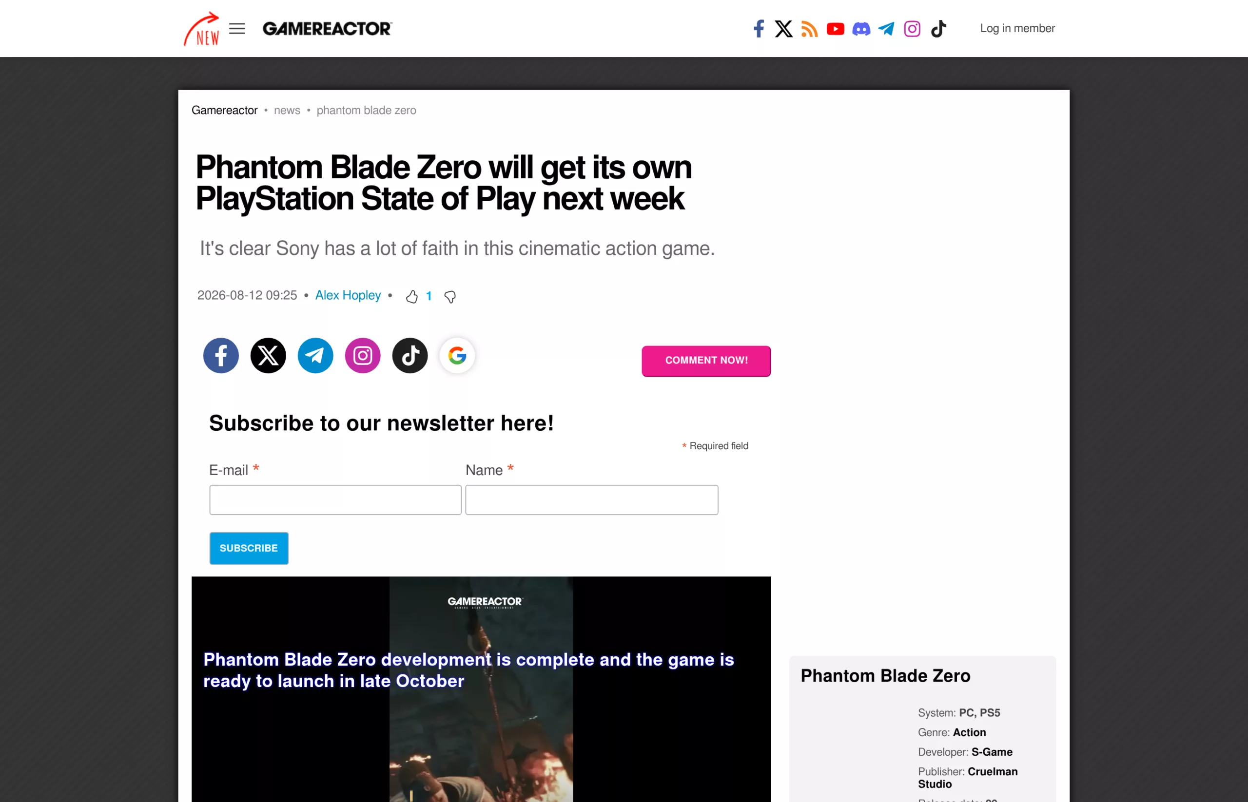 Article de Gamereactor sur le State of Play dédié à Phantom Blade Zero