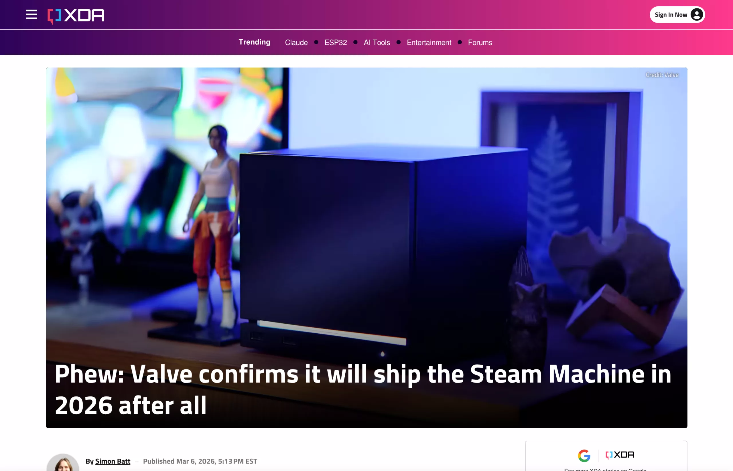 Article XDA Developers sur le lancement de la Steam Machine en 2026