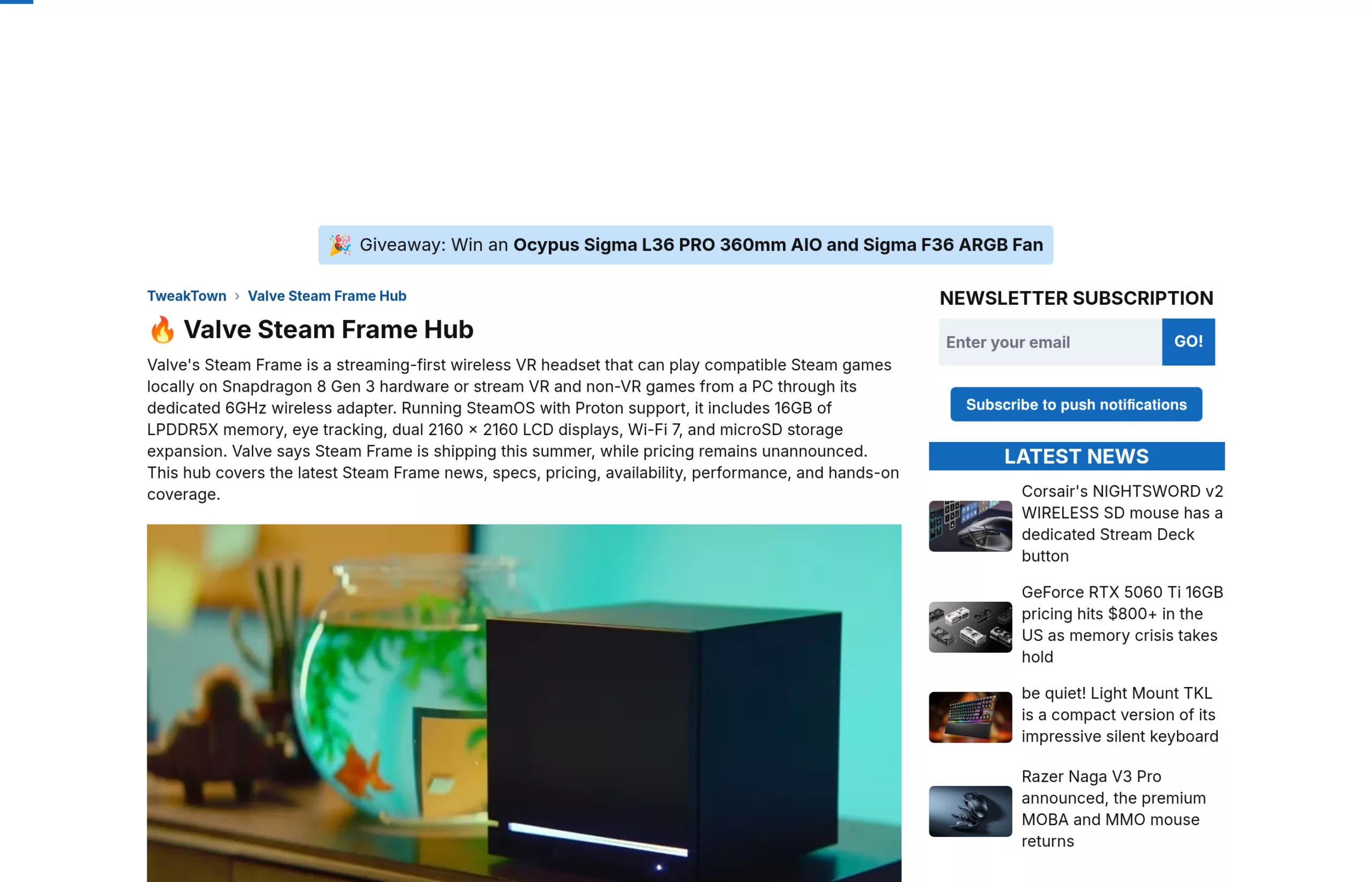 Page de suivi TweakTown consacrée au Steam Frame de Valve