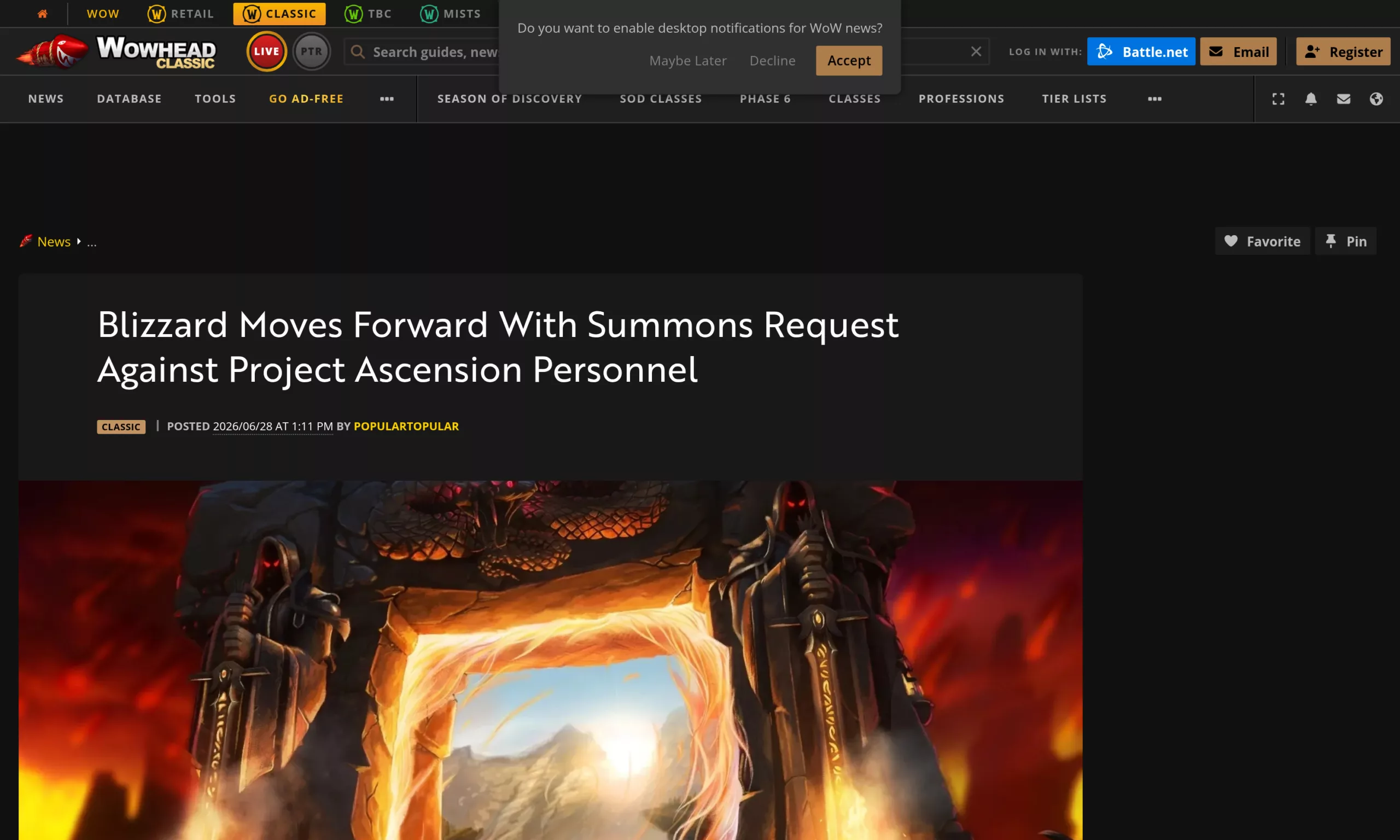 Article Wowhead Classic du 28 juin 2026 sur les demandes de citation à comparaître déposées par Blizzard contre le personnel de Project Ascension