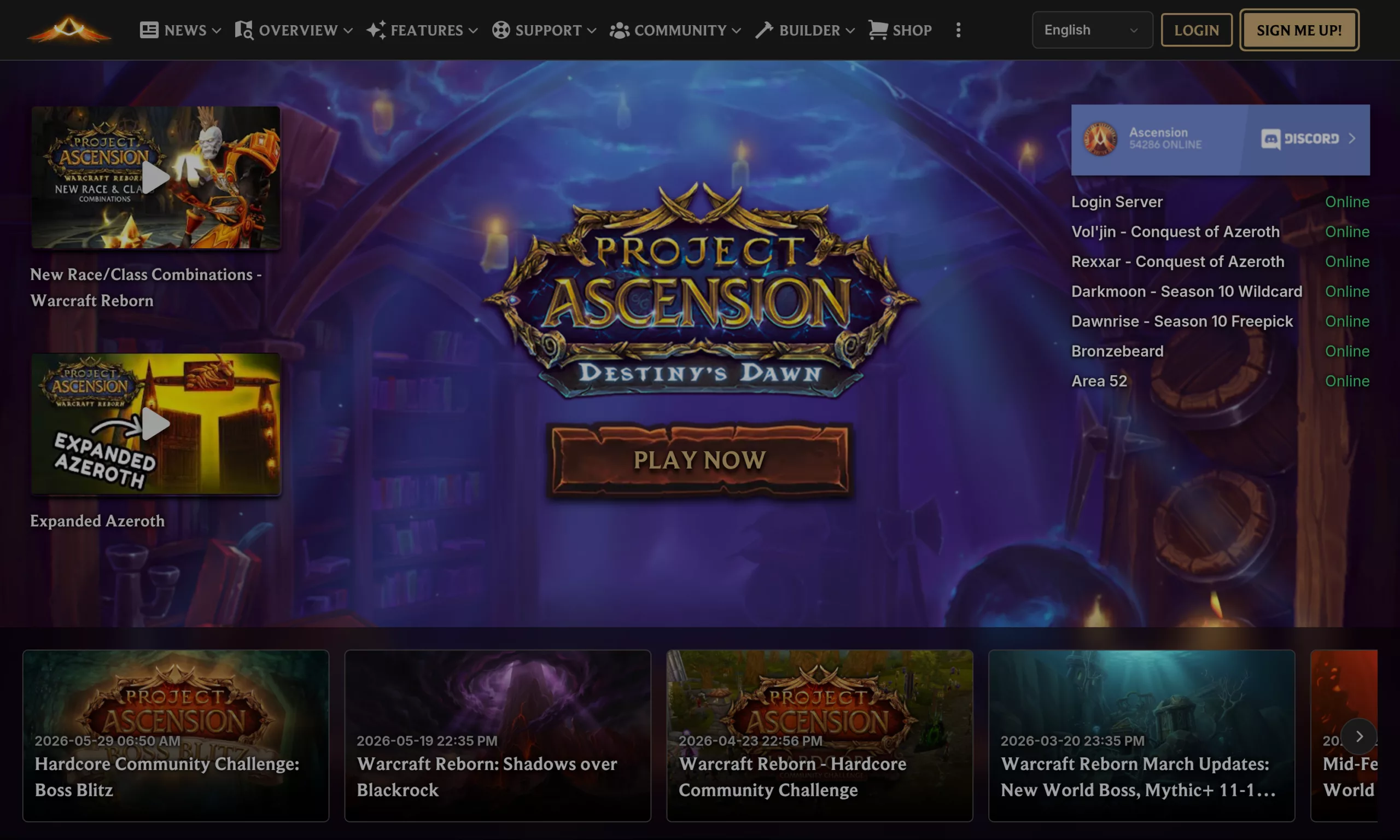 Page d'accueil officielle d'Ascension le 13 août 2026, sept royaumes marqués Online et compteur Discord à 54 286 connectés
