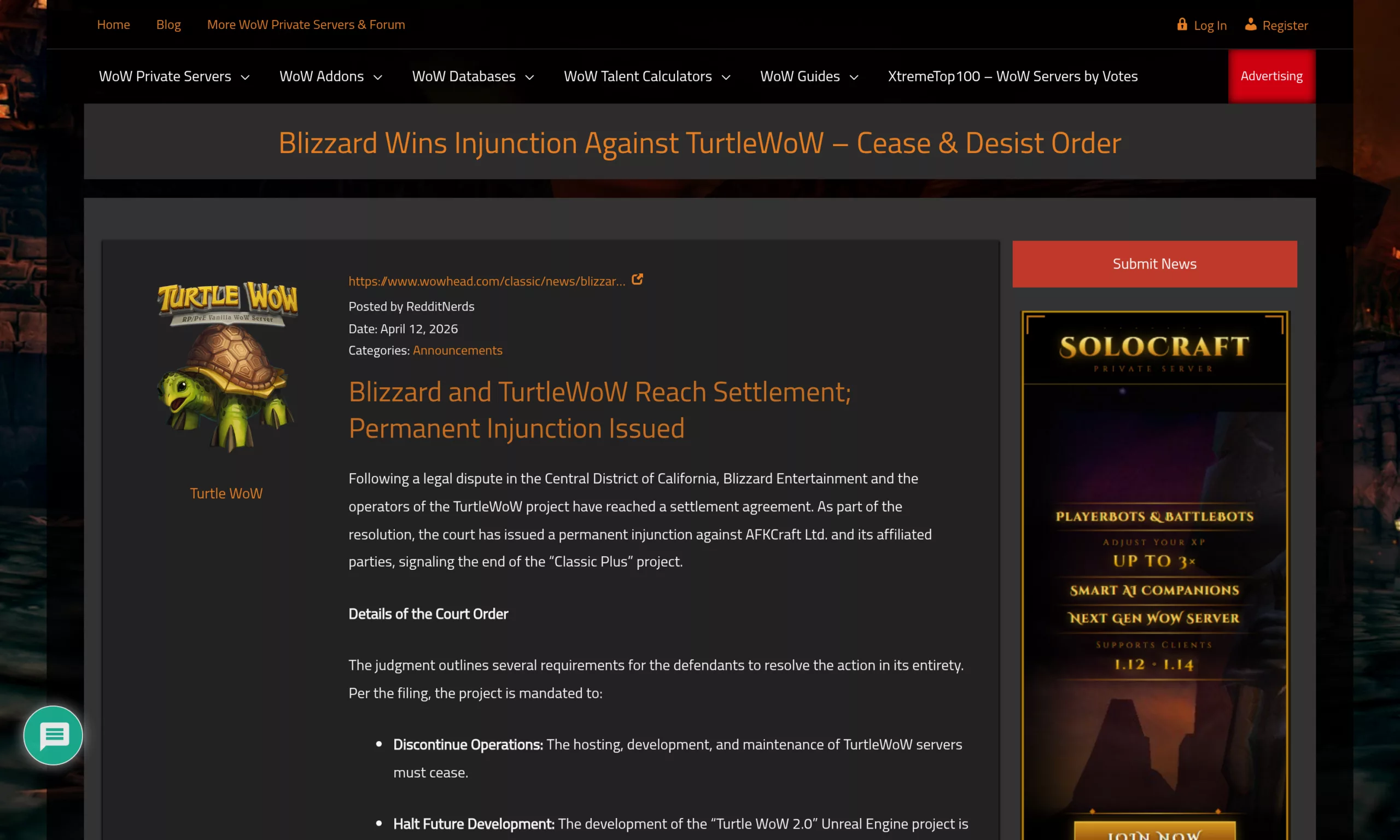 Dépêche DKPminus du 12 avril 2026 annonçant l'accord entre Blizzard et Turtle WoW et l'injonction permanente