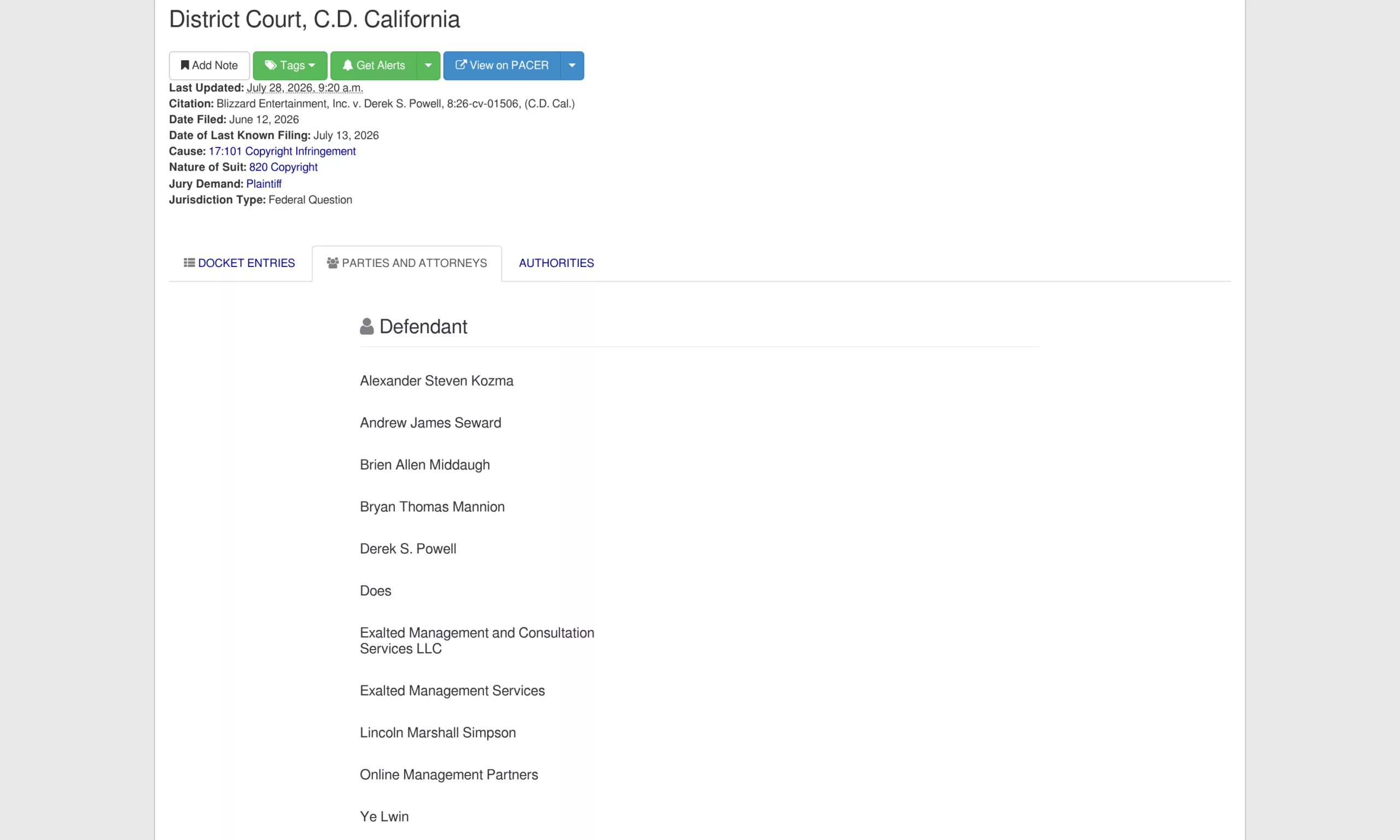 Onglet Parties and Attorneys du dossier CourtListener listant les défendeurs nommés contre Ascension