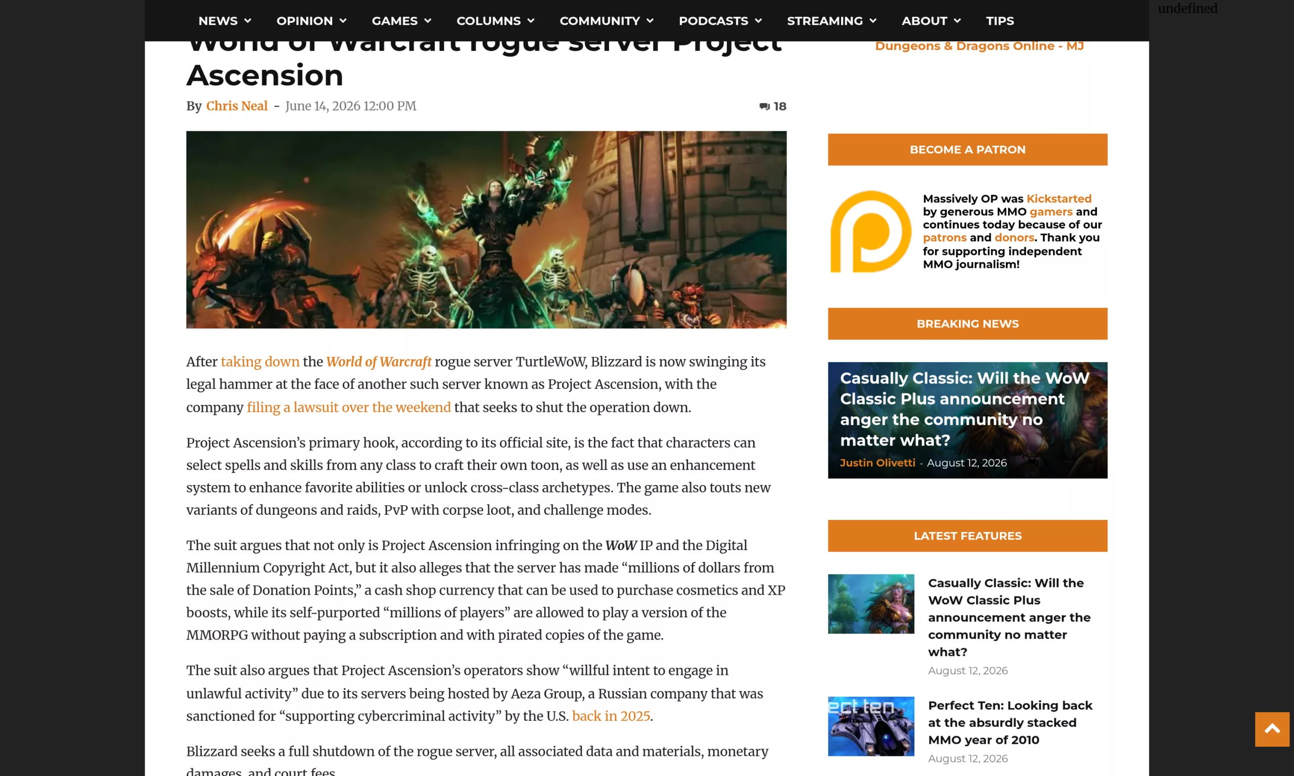 Article Massively Overpowered du 14 juin 2026 sur la plainte Blizzard contre Project Ascension, mentionnant les Donation Points et l'hébergement chez Aeza Group
