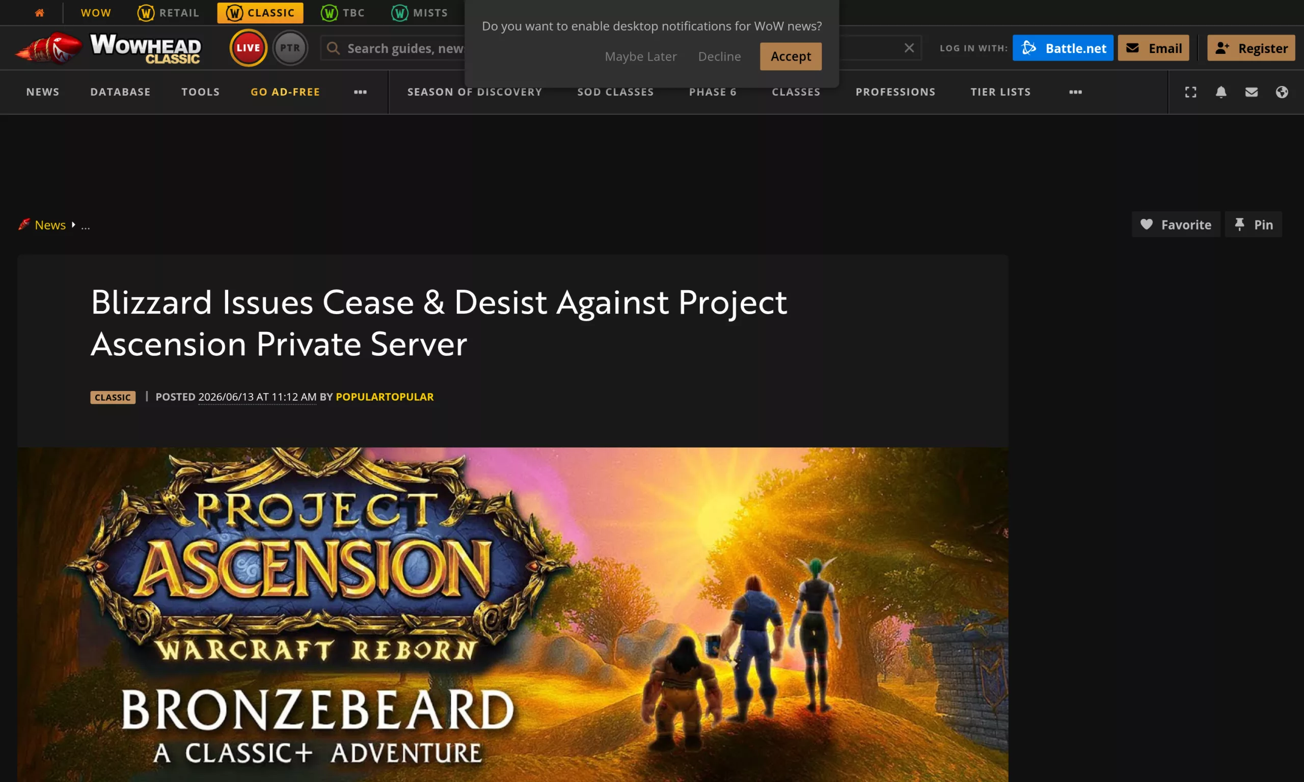 Article Wowhead du 13 juin 2026 annonçant la mise en demeure de Blizzard contre Project Ascension, avec le visuel officiel Project Ascension Warcraft Reborn Bronzebeard sous-titré A Classic+ Adventure