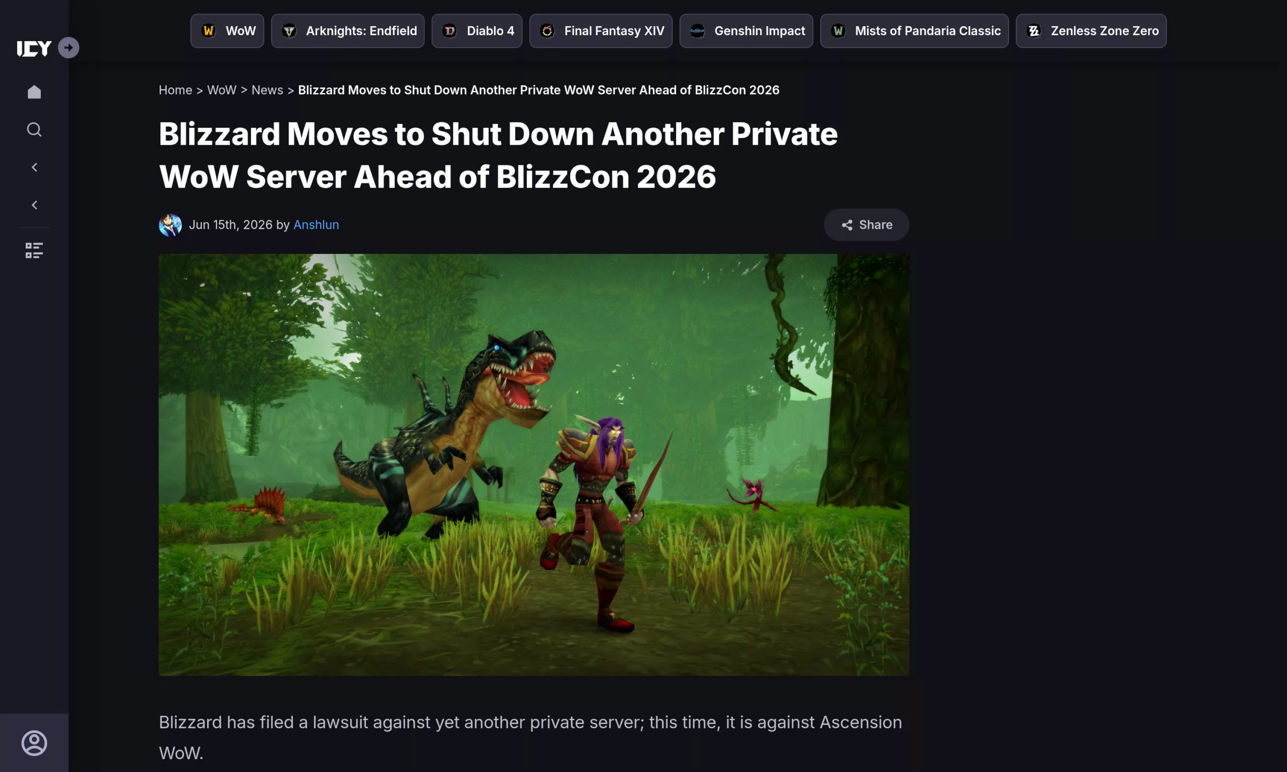 Article Icy Veins d'Anshlun du 15 juin 2026 sur la mise en demeure de Blizzard contre un serveur privé WoW avant la BlizzCon 2026