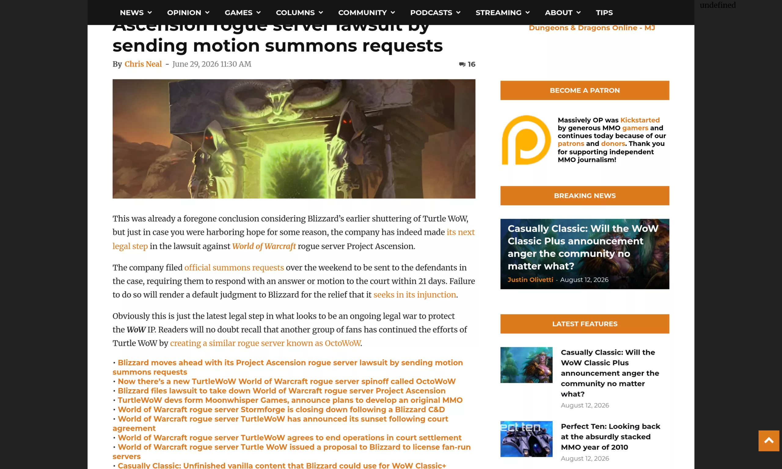 Extrait de l'article Massively Overpowered du 29 juin 2026 sur les demandes de citation dans le dossier Blizzard contre Ascension