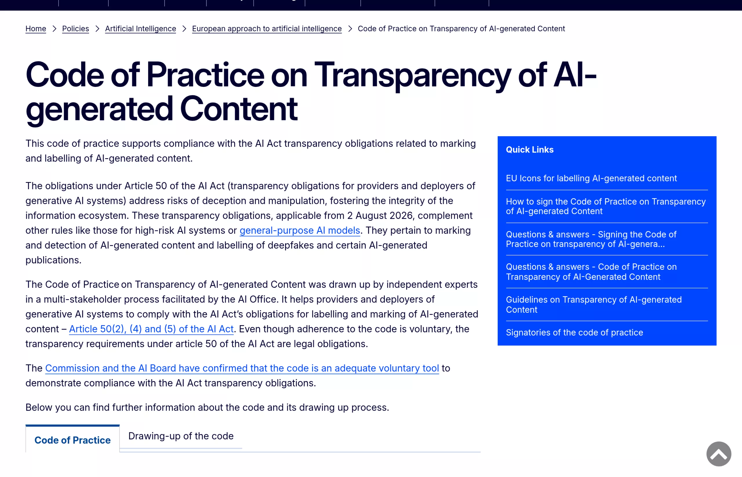 Page officielle de la Commission européenne sur le Code de pratique concernant la transparence des contenus générés par IA
