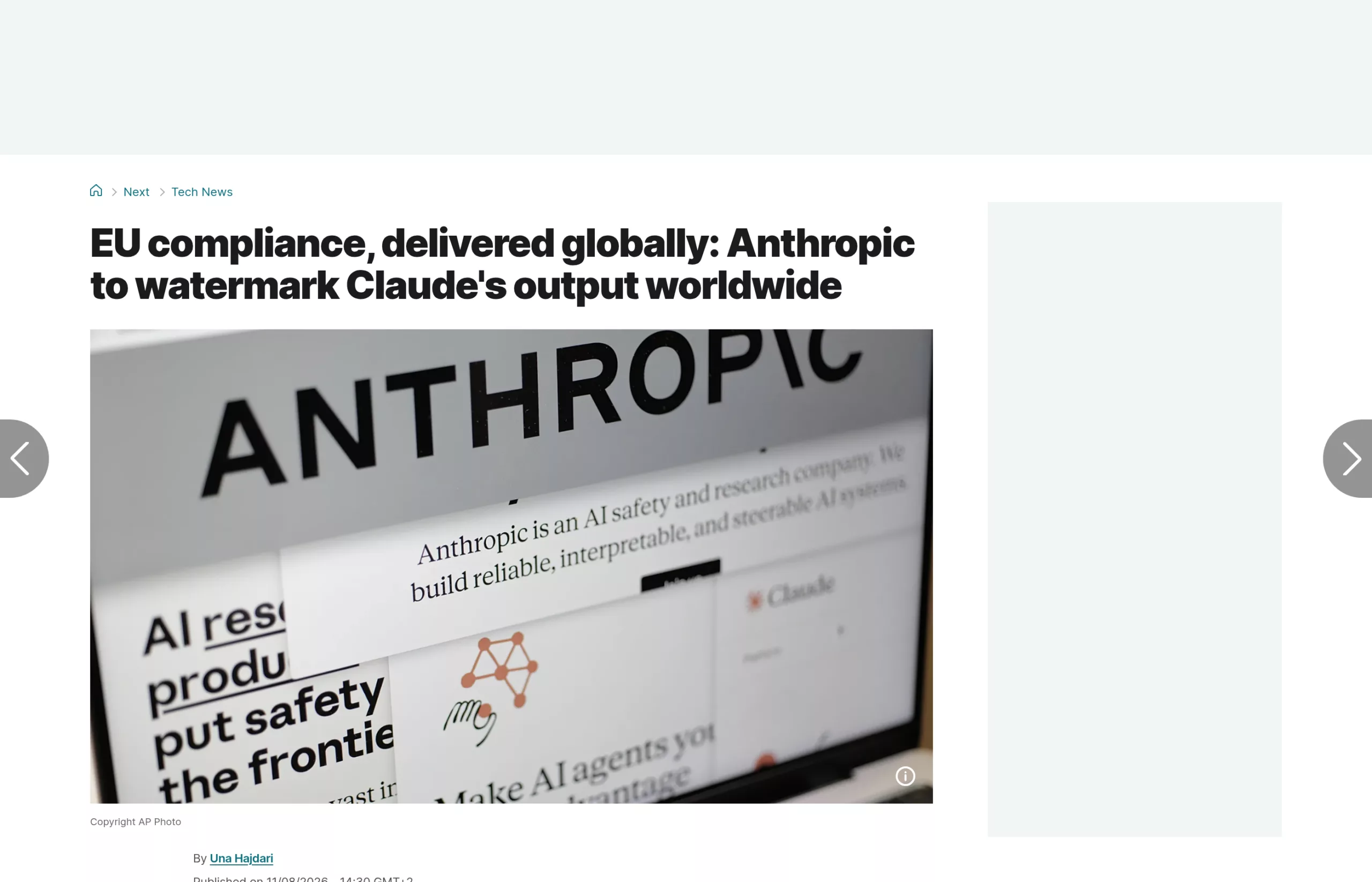 Article d'Euronews titré EU compliance, delivered globally sur le filigrane mondial de Claude