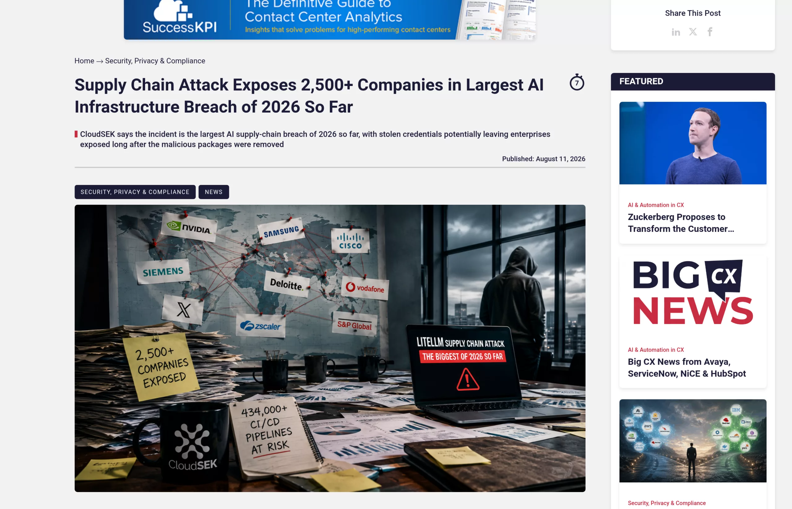 CX Today article about the LiteLLM flaw with the logos of potentially exposed companies, including NVIDIA, Cisco, Siemens and Vodafone