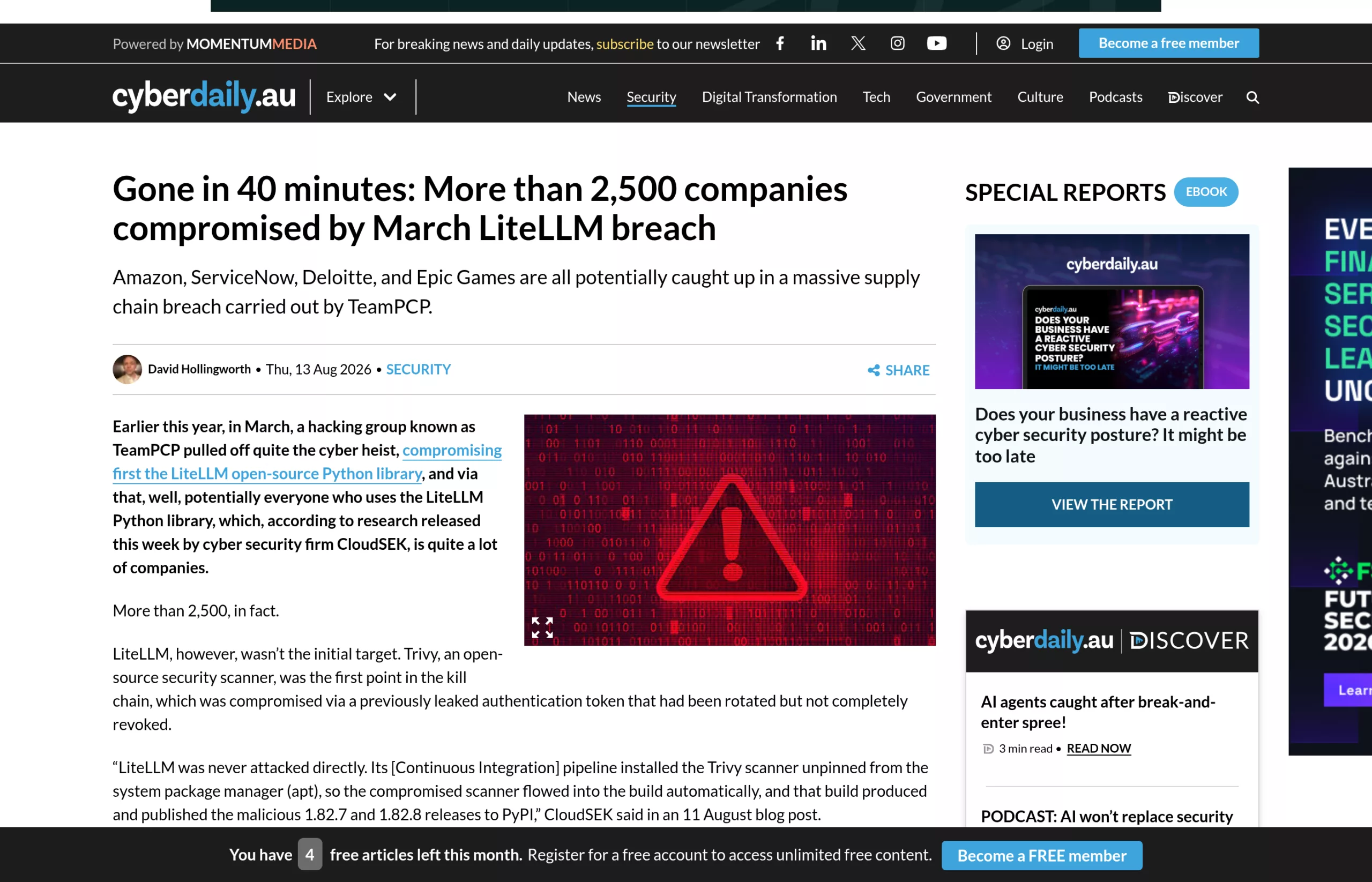 Cyber Daily article titled Gone in 40 minutes about the LiteLLM flaw that compromised more than 2,500 companies