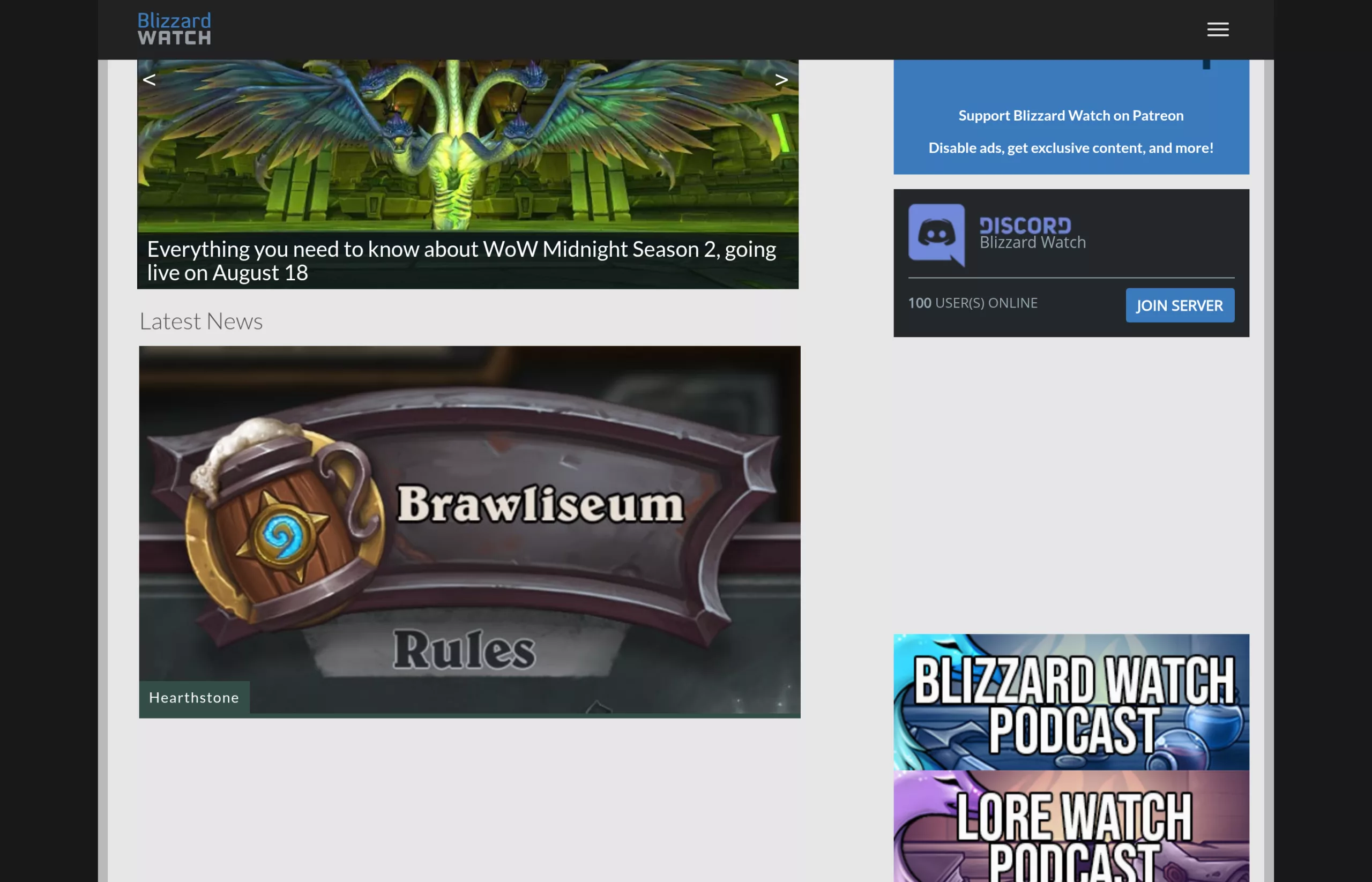La page d'accueil de Blizzard Watch met en avant l'article sur la saison 2 de WoW Midnight, ouverture le 18 août