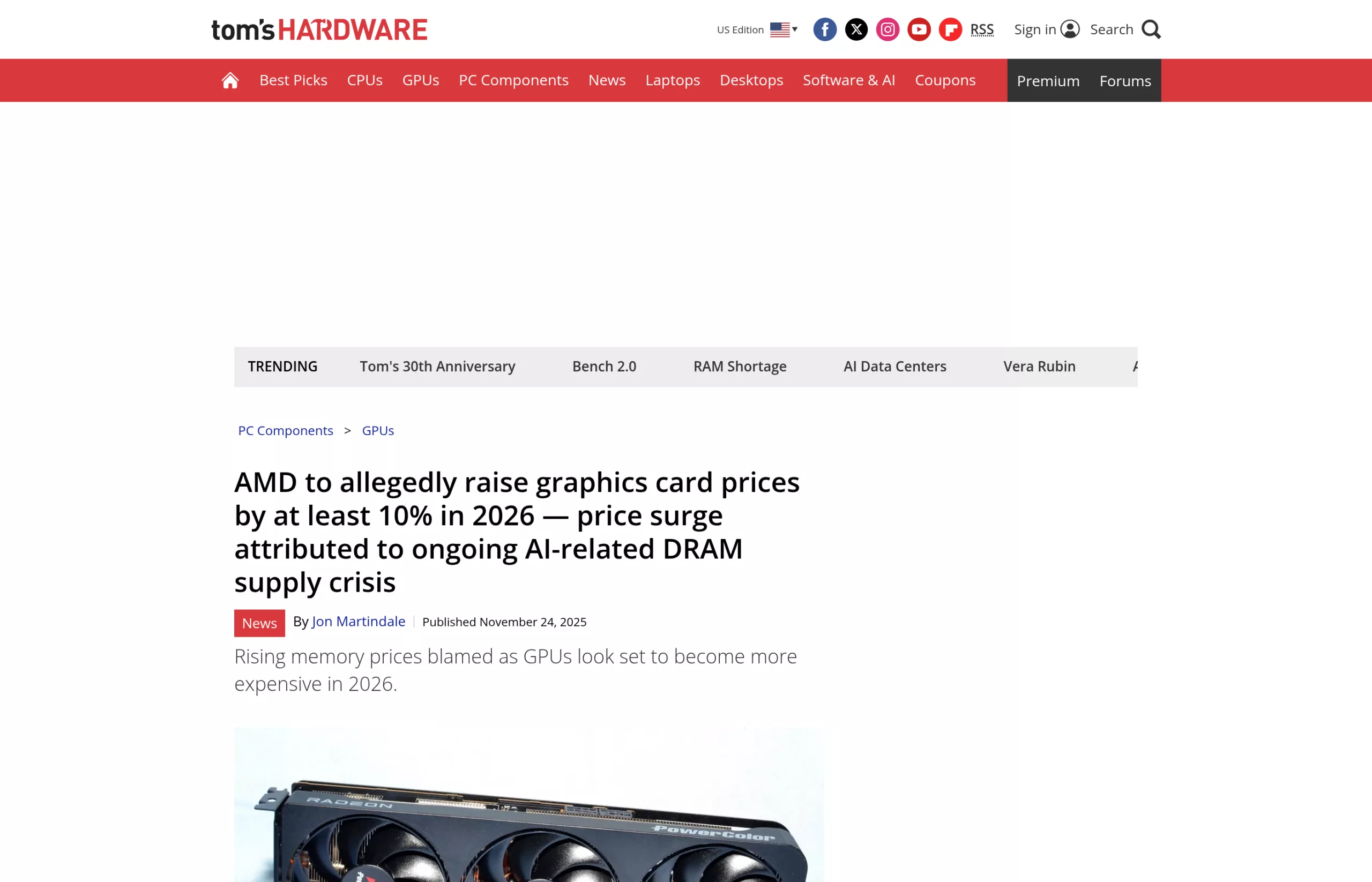 Tom's Hardware headline announcing at least a 10% increase in AMD Radeon prices in 2026