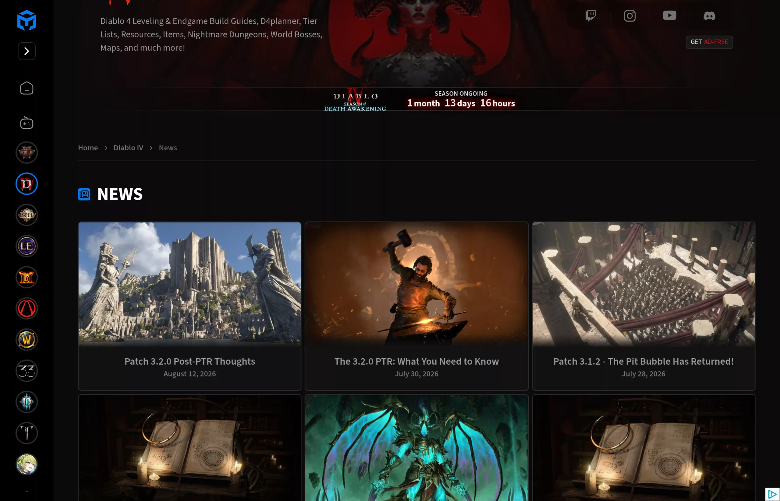 Diablo 4 news page on the Maxroll community site