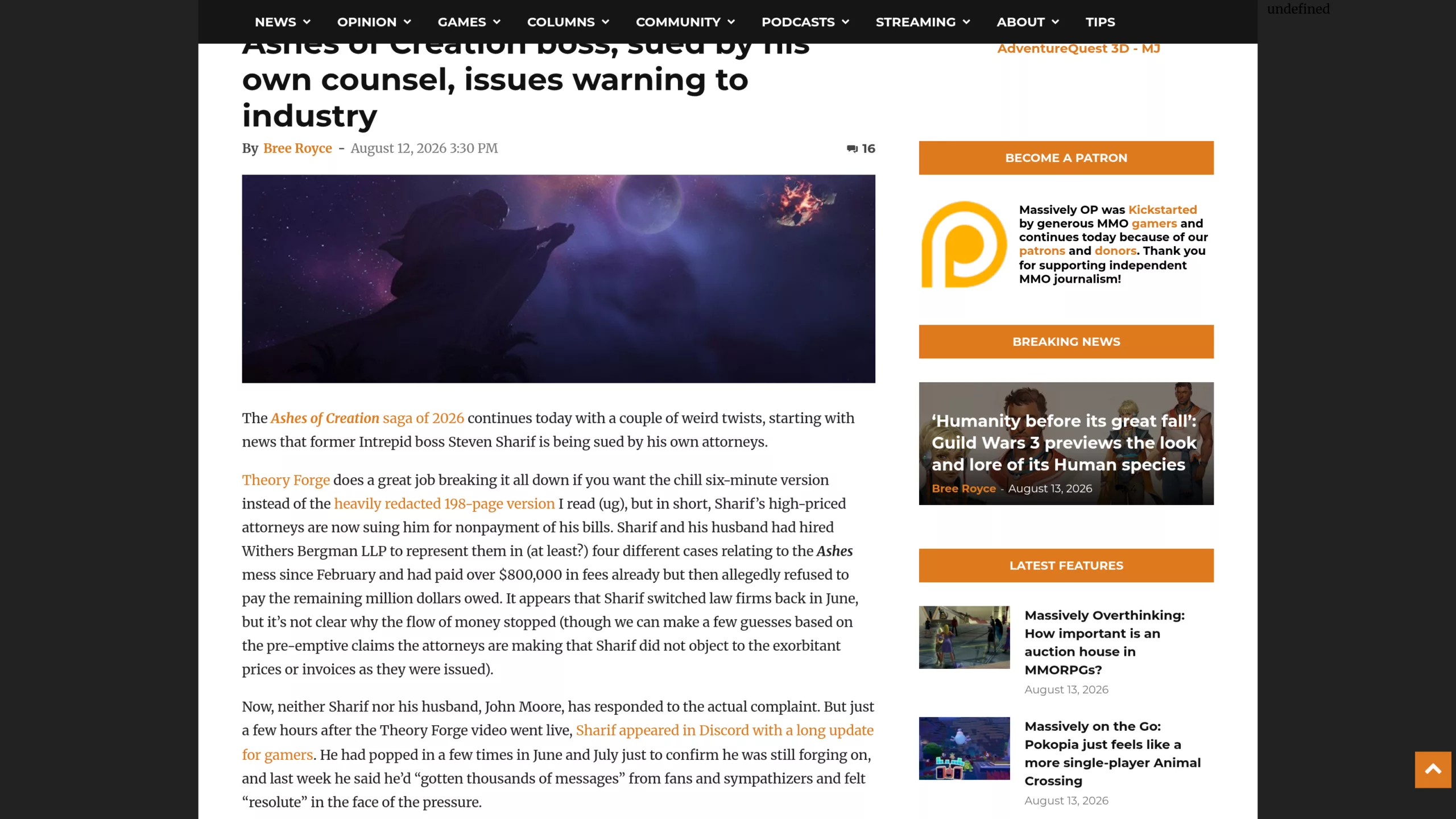 Article de Massively Overpowered sur la plainte des avocats de Steven Sharif