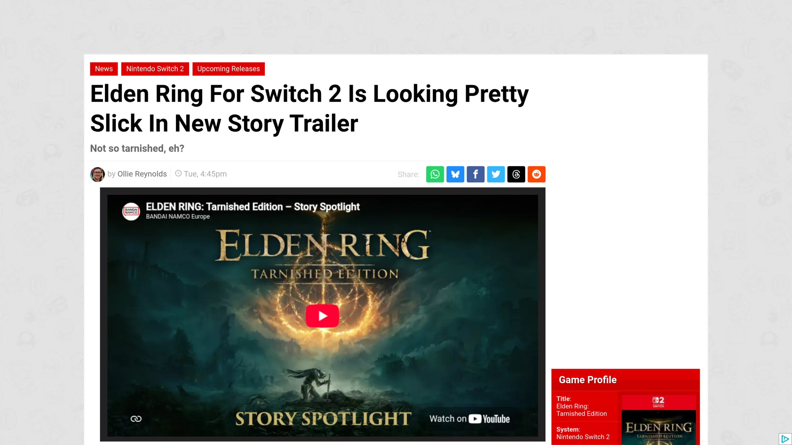 Article de Nintendo Life sur le trailer histoire d'Elden Ring