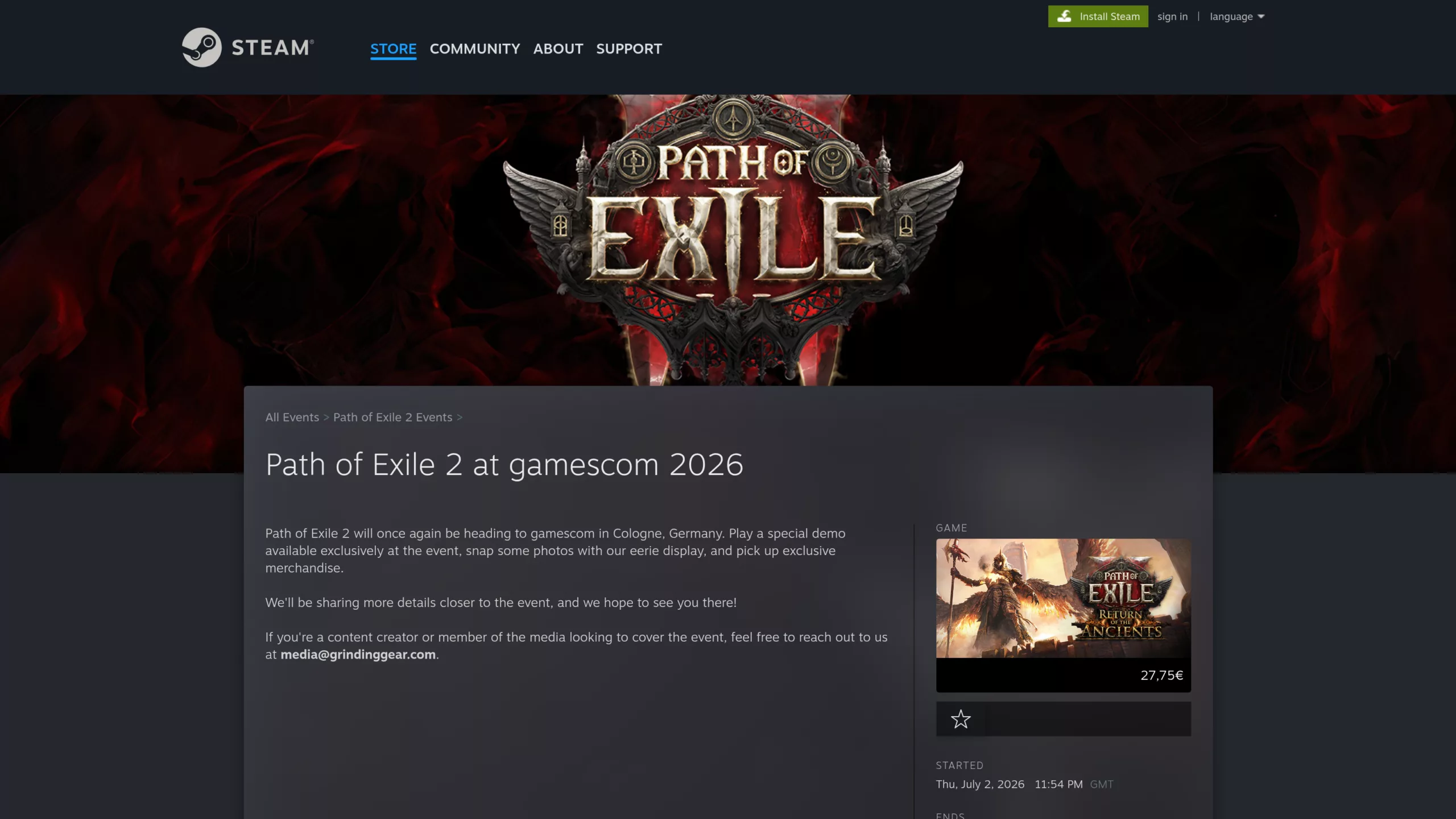 Actualité Steam officielle de Path of Exile 2 pour la gamescom