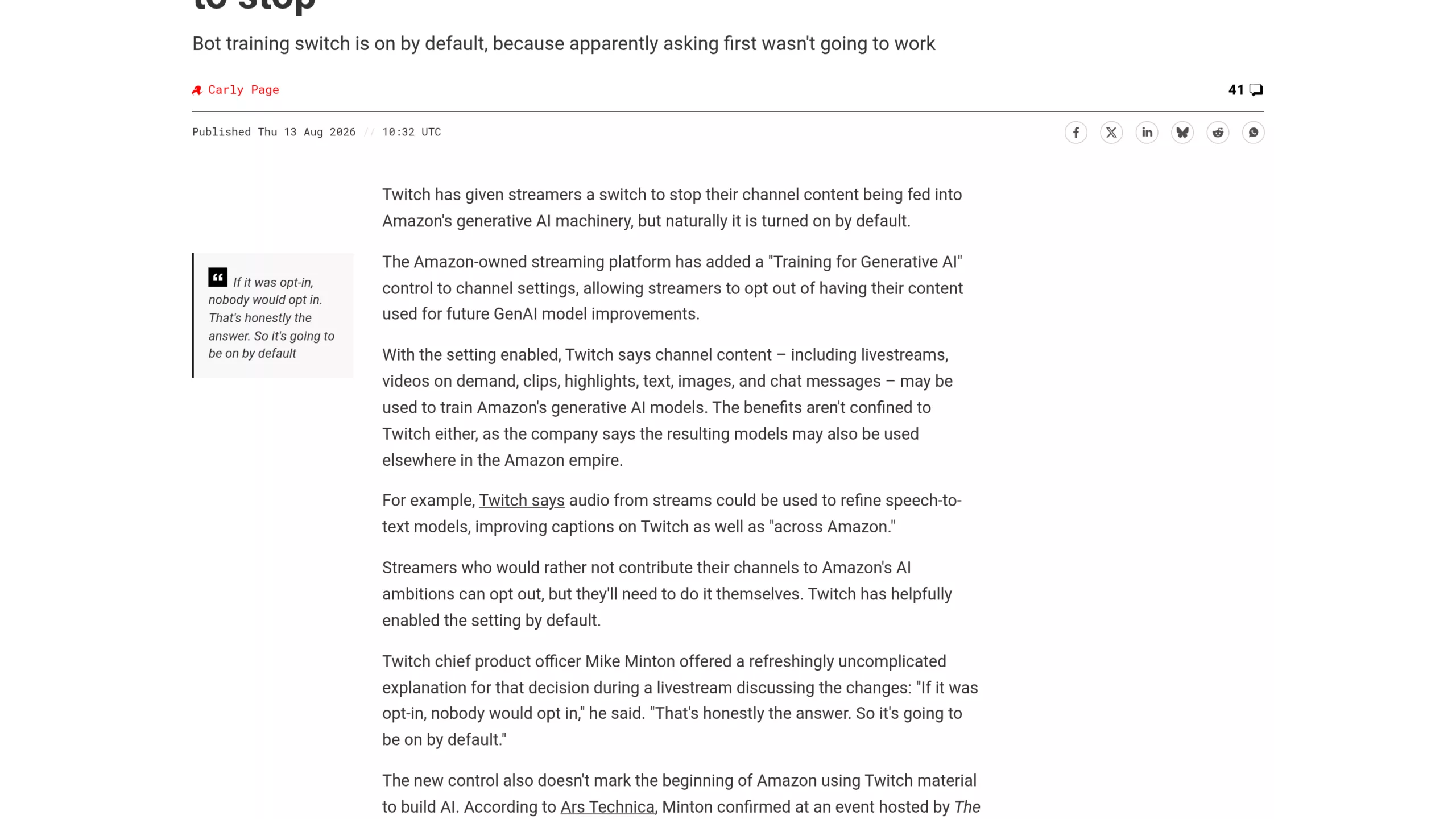 Article de The Register citant le directeur produit de Twitch