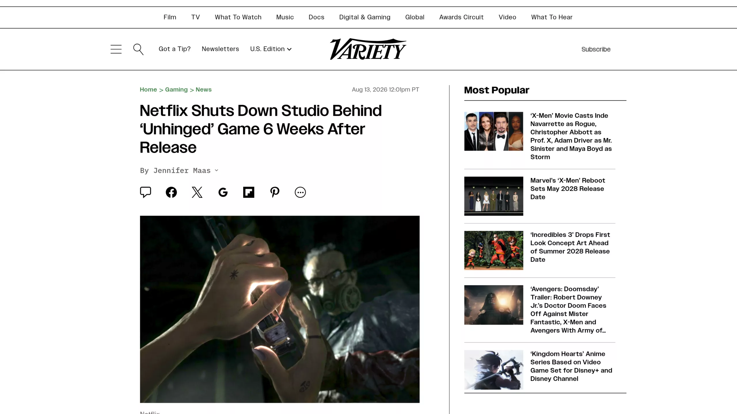 Article de Variety sur la fermeture des studios de jeux Netflix