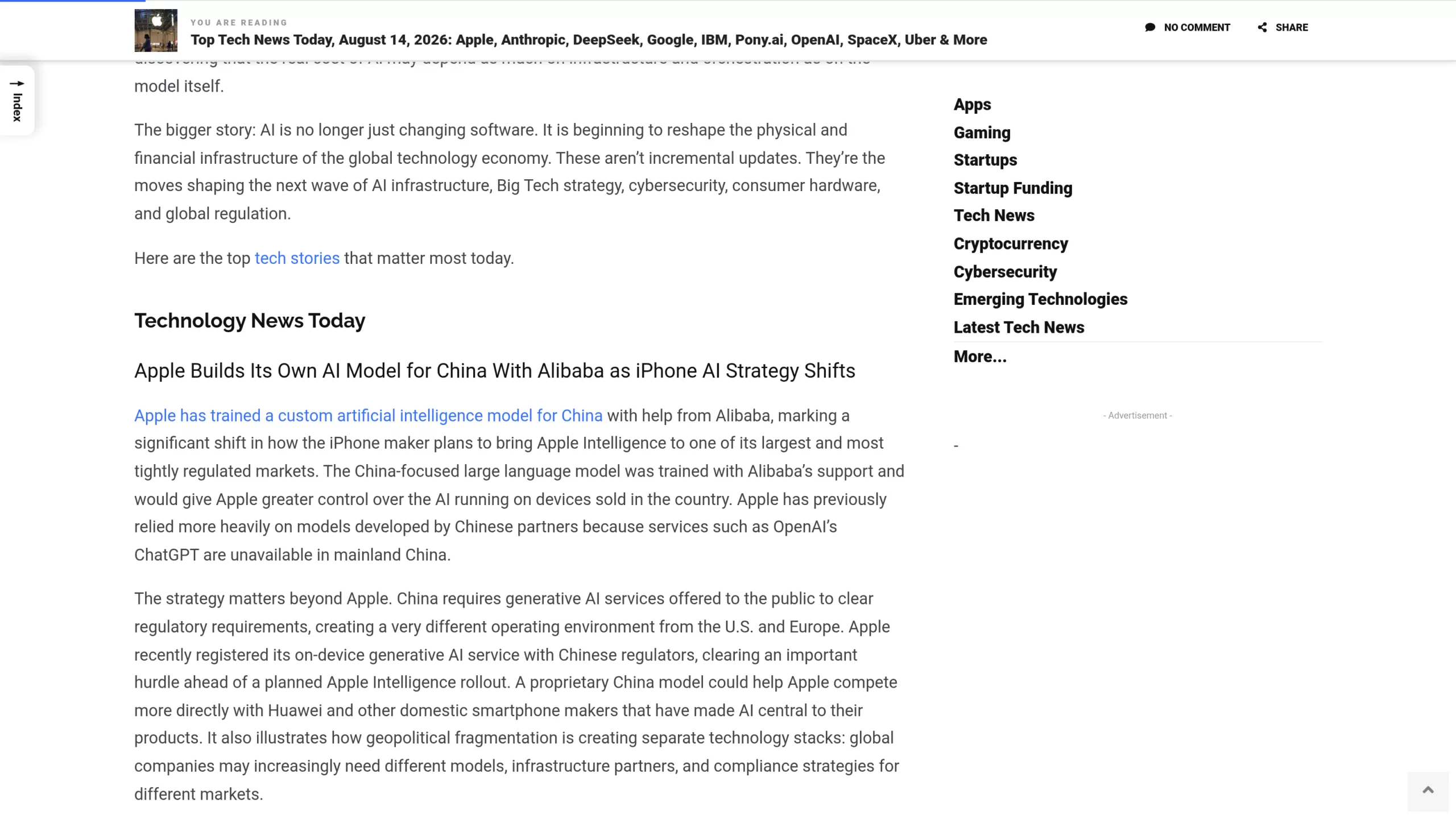 Synthèse de presse détaillant le modèle d'IA entraîné par Apple pour la Chine