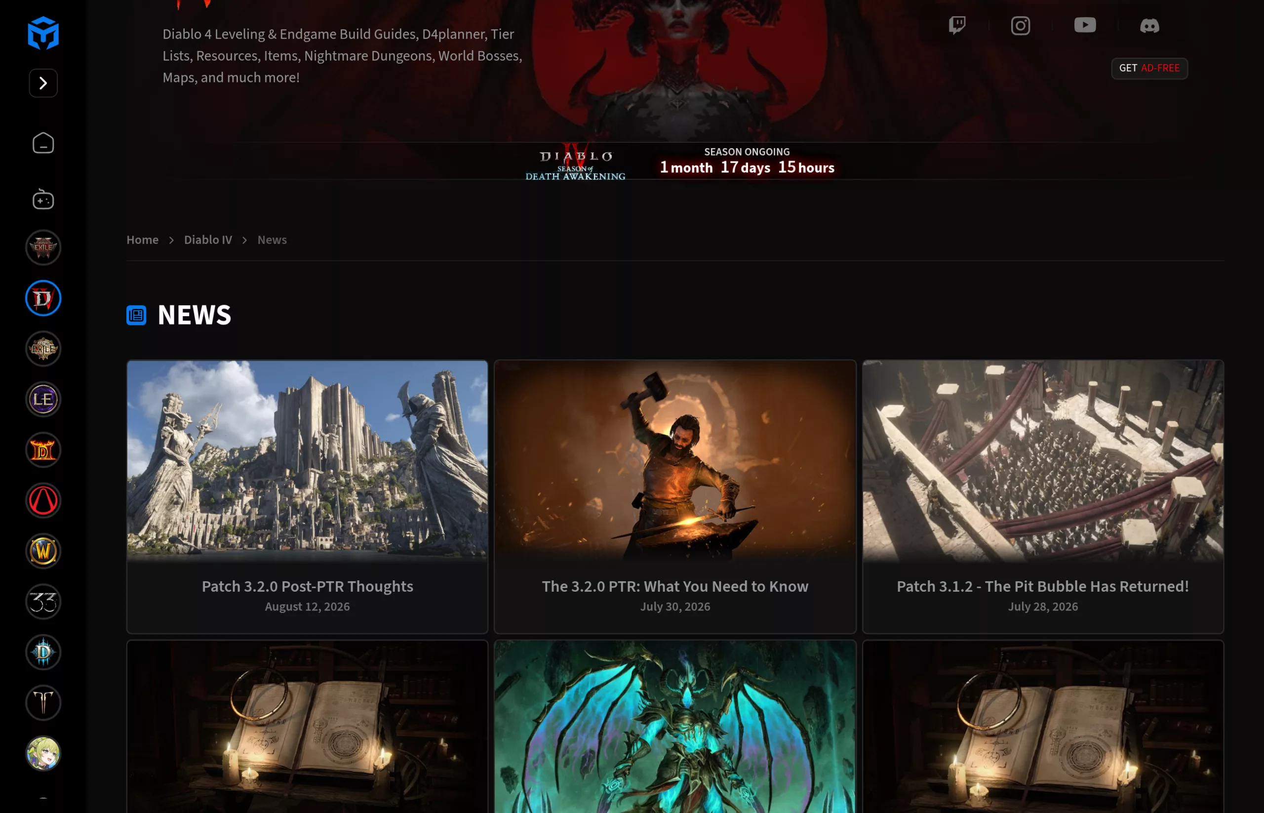 Bandeau Maxroll affichant SEASON ONGOING 1 month 17 days sur la page News Diablo 4