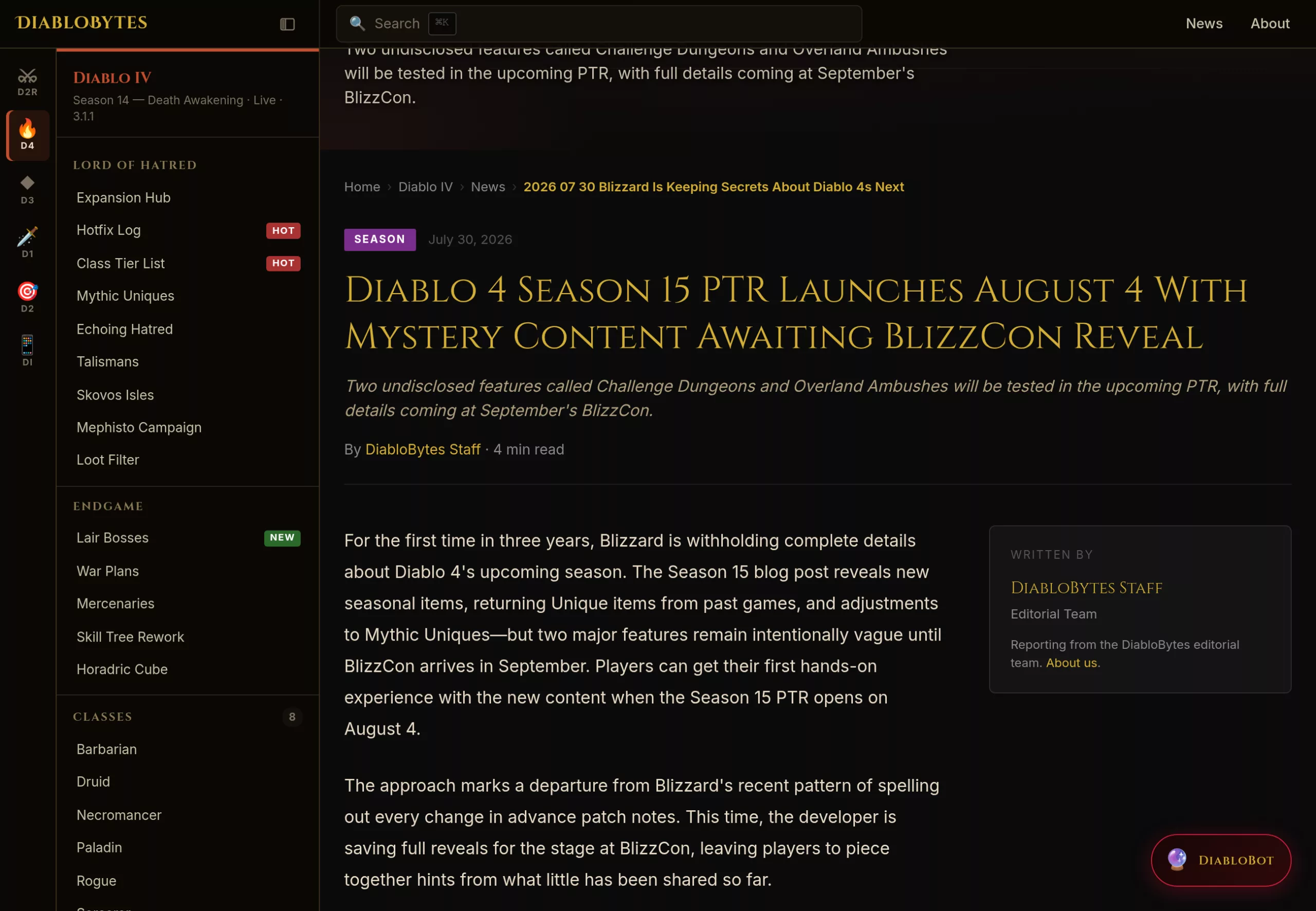 Article DiabloBytes du 30 juillet 2026 sur le contenu de la Saison 15 gardé pour la BlizzCon