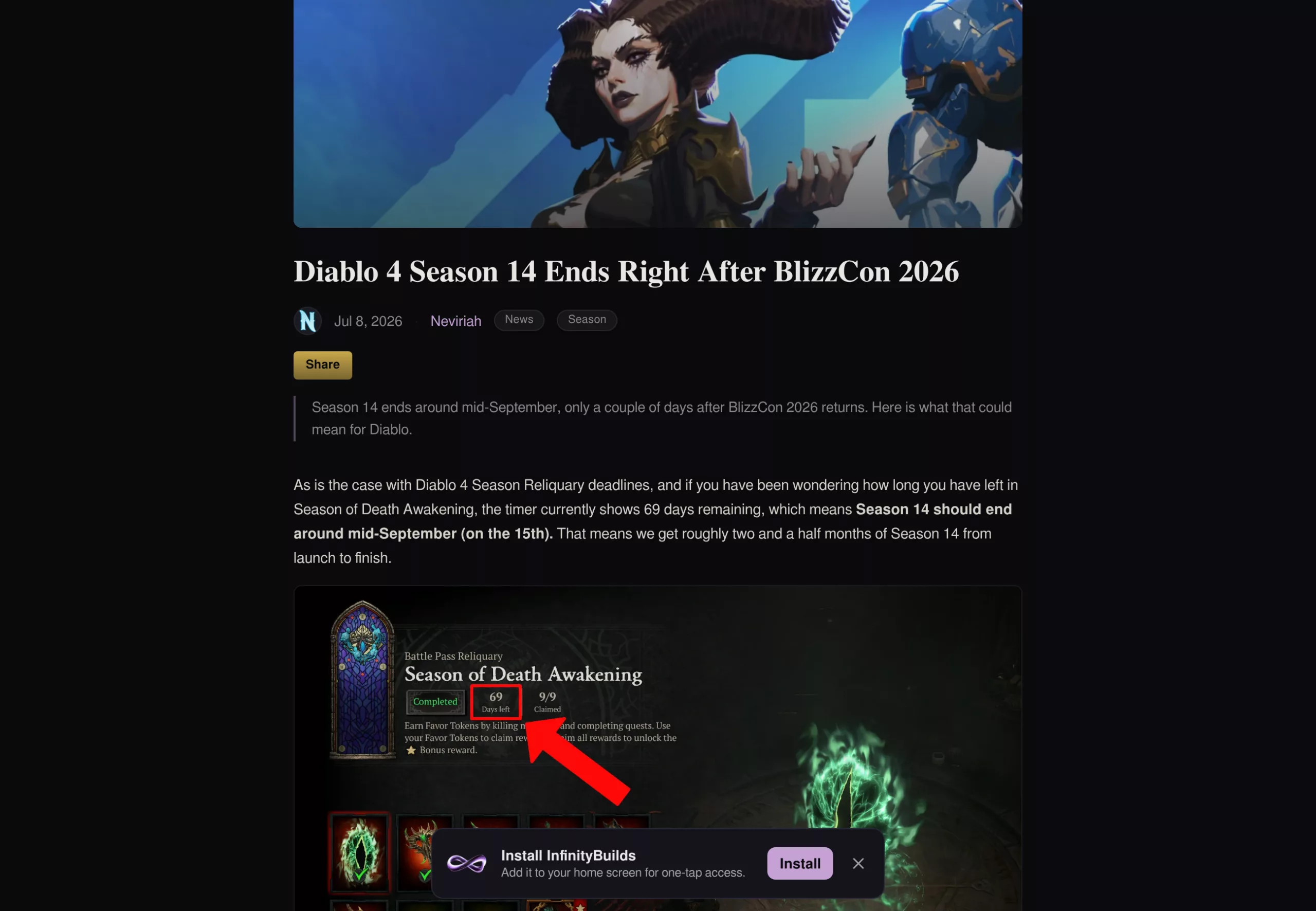 Capture du Reliquaire de Diablo 4 affichant 69 jours restants sur la Saison de l'Éveil de la Mort
